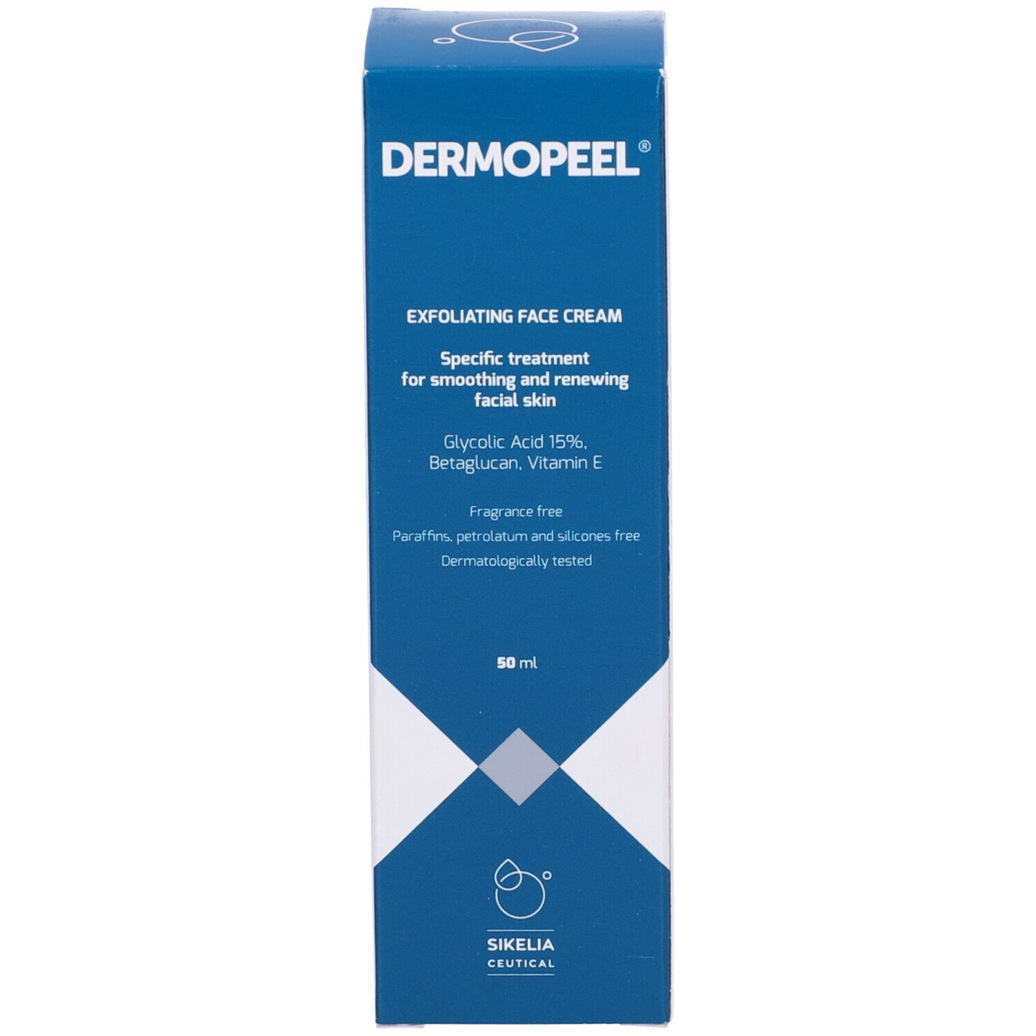 Scatola blu. Scritta: DERMOPEEL, EXFOLIATING FACE CREAM. Contiene acido glicolico, Betaglucano, Vitamina E. 50 ml. Dermatologicamente testato.