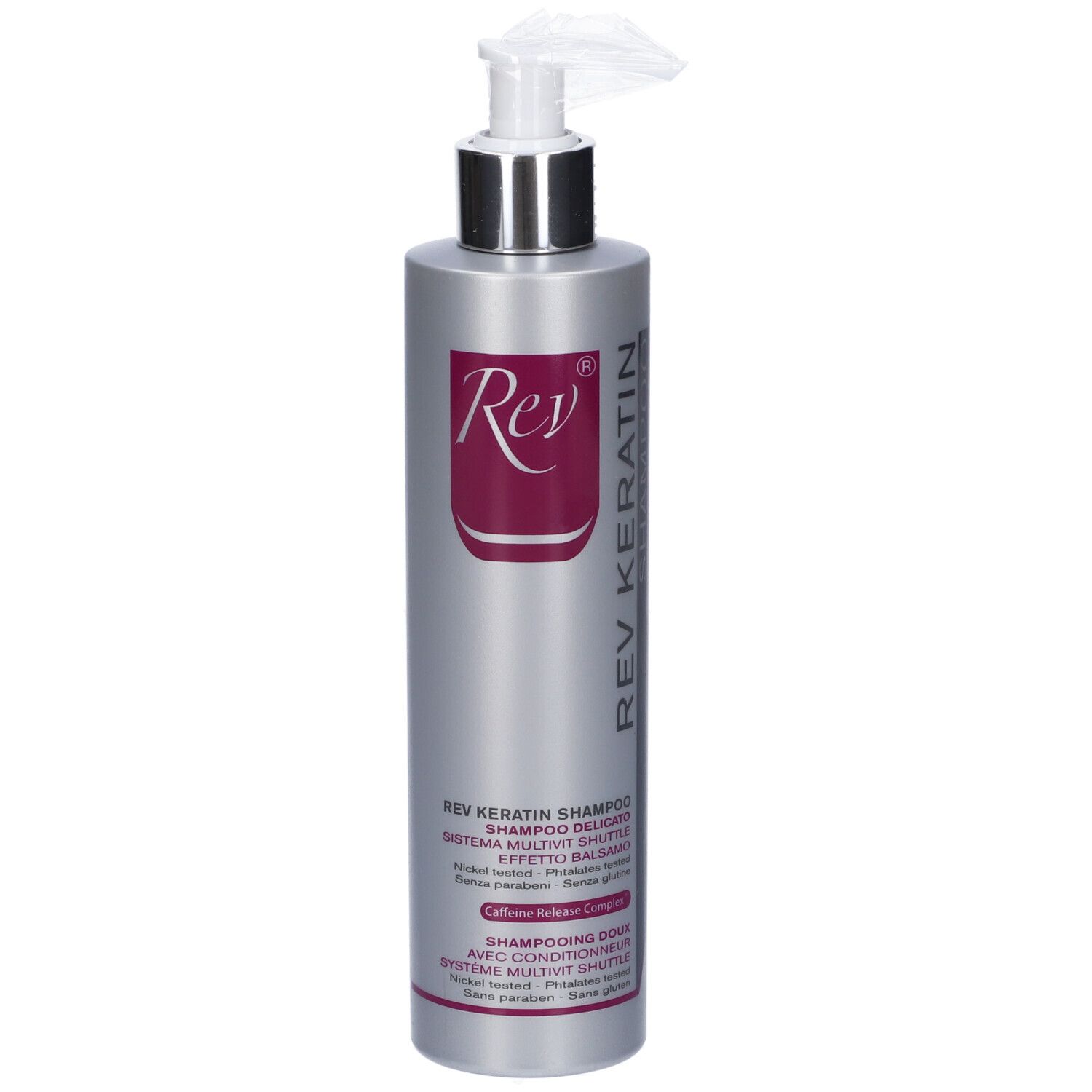 Silberne Flasche mit Pumpspender, REV KERATIN SHAMPOO, System Multivit Shuttle.