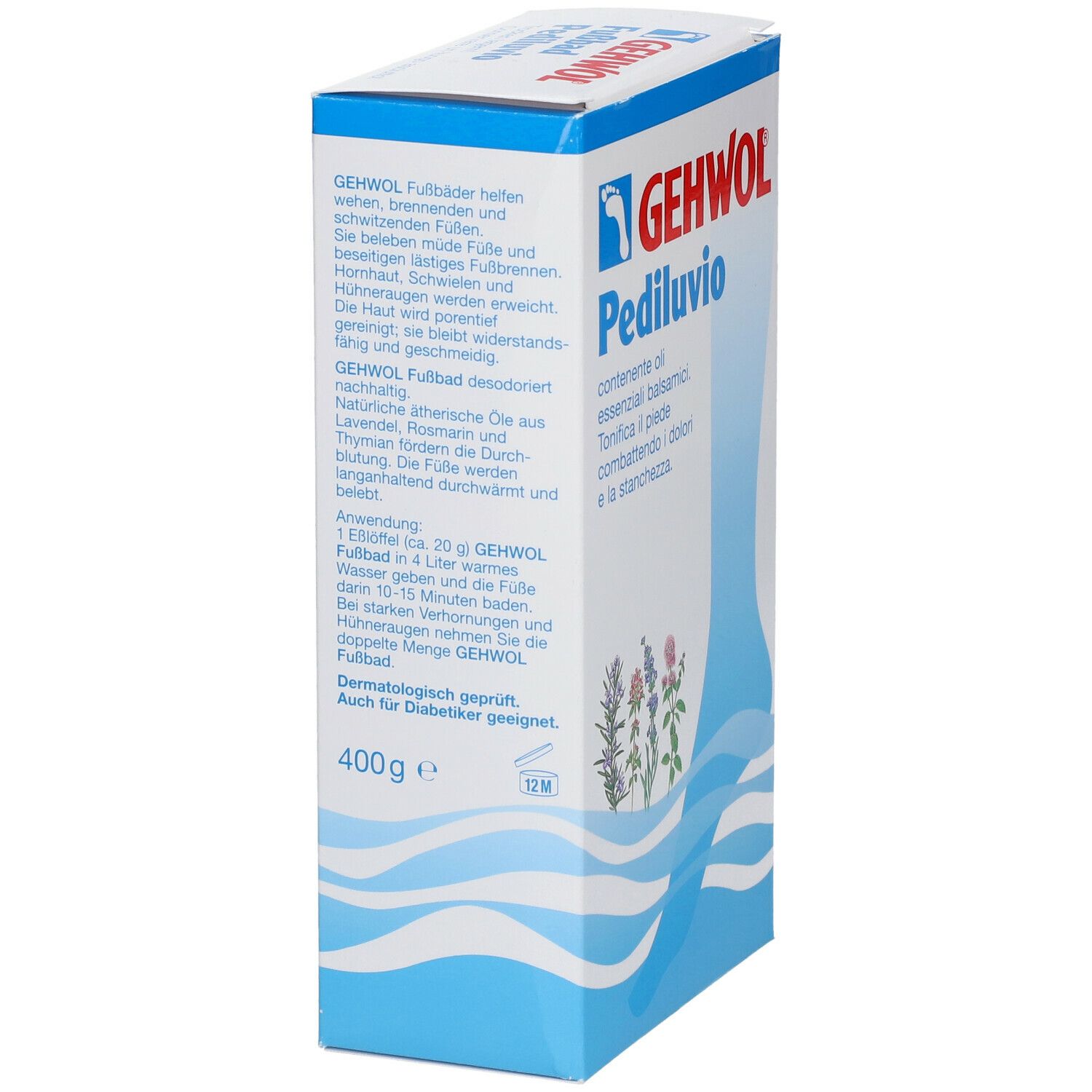 GEHWOL Fußbad-Verpackung. Enthält Kräuter. Blaue Verpackung mit Fuß-Illustration und Text. 400g.