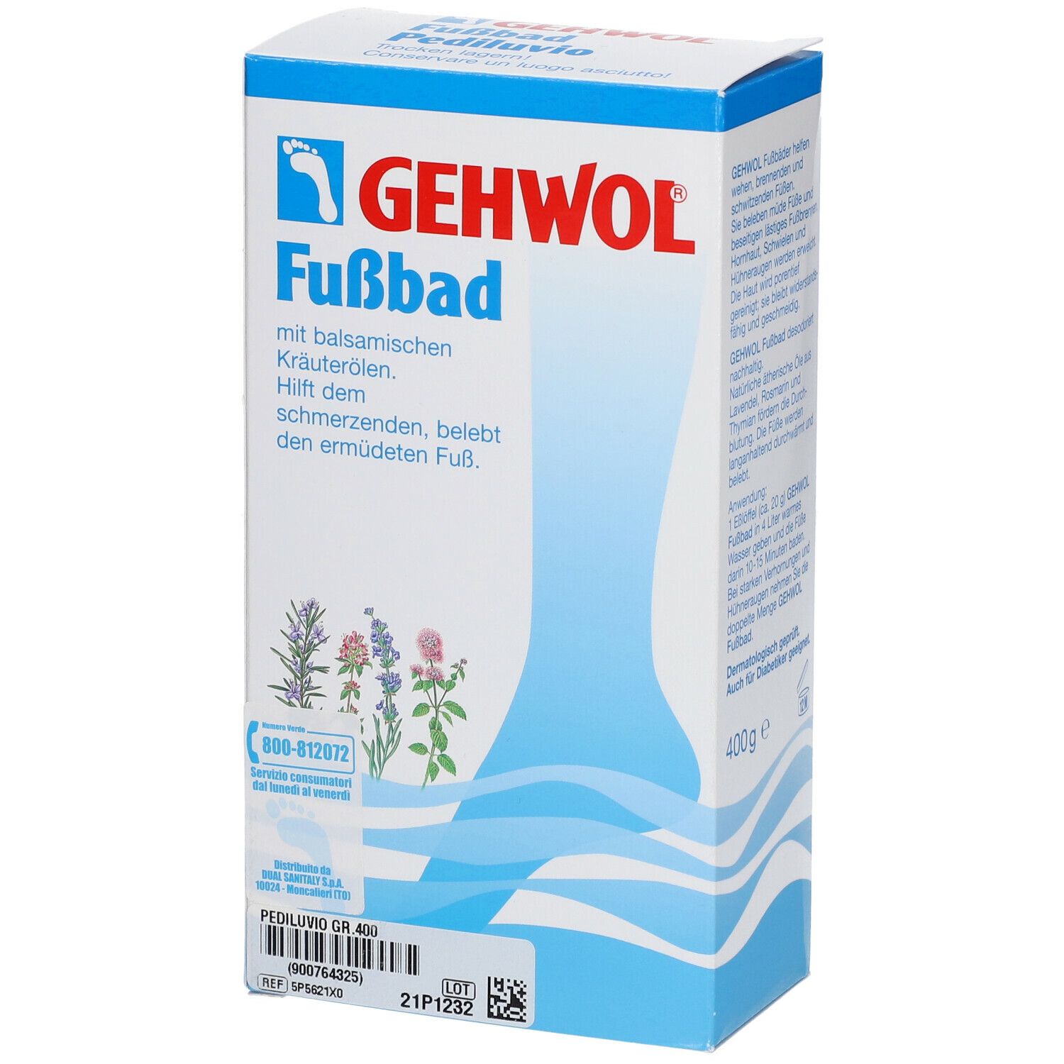 GEHWOL Fußbad-Verpackung. Enthält Kräuter. Blaue Verpackung mit Fuß-Illustration und Text. 400g.