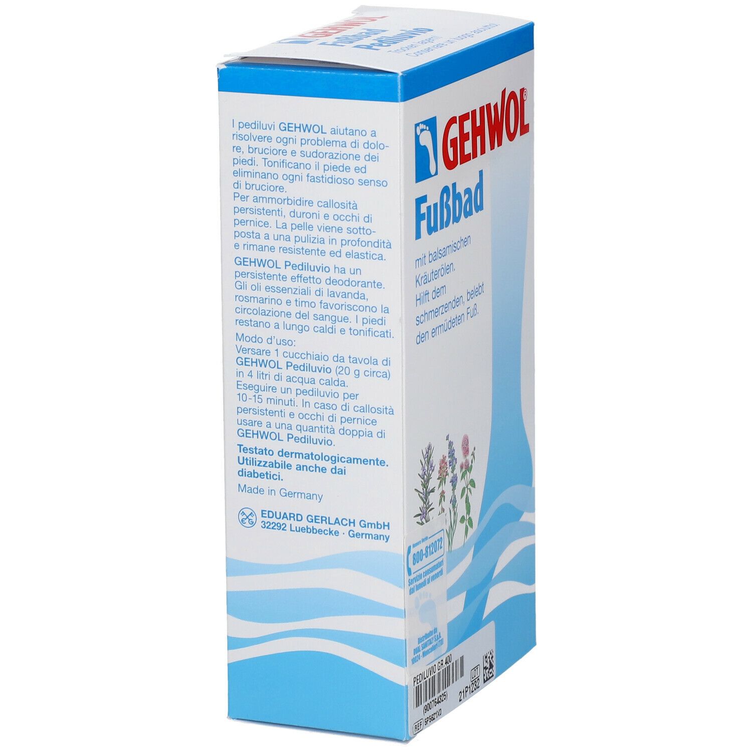 GEHWOL Fußbad-Verpackung. Enthält Kräuter. Blaue Verpackung mit Fuß-Illustration und Text.