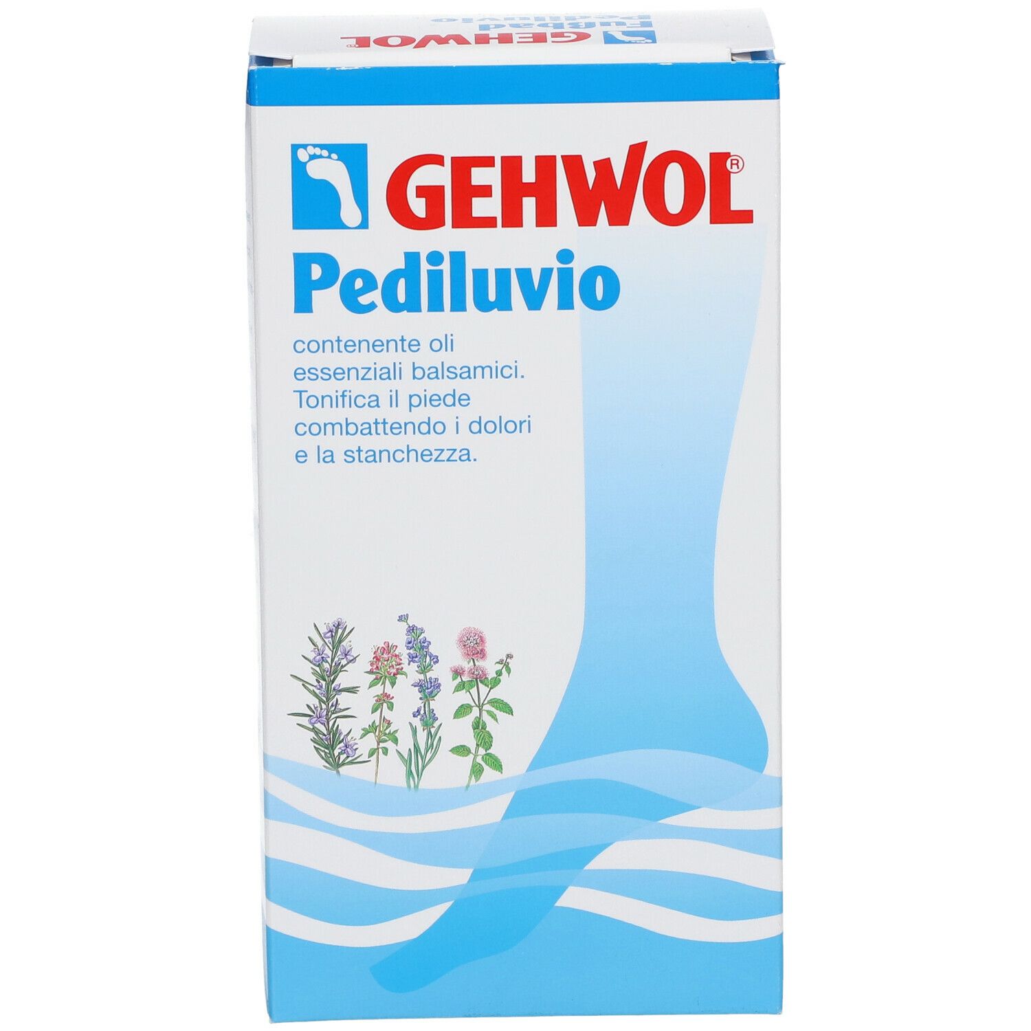 GEHWOL Pediluvio-Verpackung. Enthält ätherische Öle. Blaue Verpackung mit Fuß-Illustration und Text.