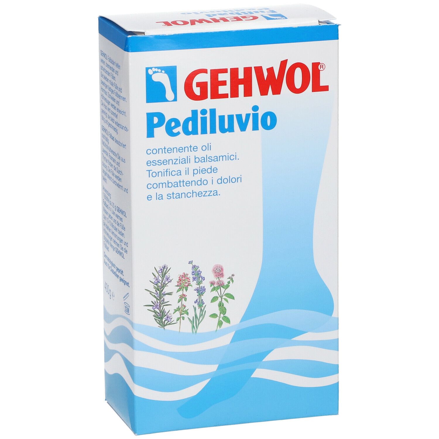 GEHWOL Pediluvio-Verpackung. Enthält ätherische Öle. Blaue Verpackung mit Fuß-Illustration und Text.