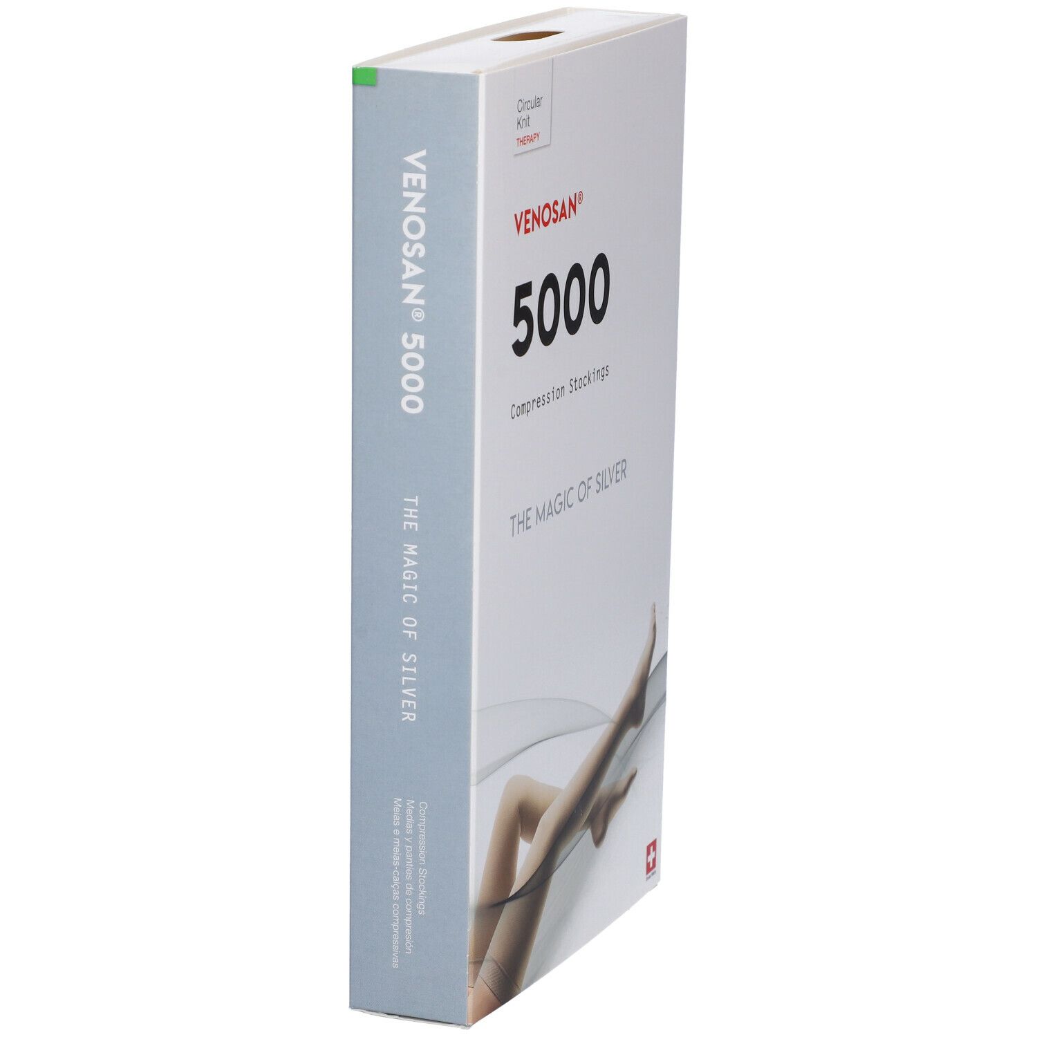 Confezione di calze a compressione Venosan 5000. Scritte: Venosan, 5000, Compression Stockings, The Magic of Silver. Vista laterale.