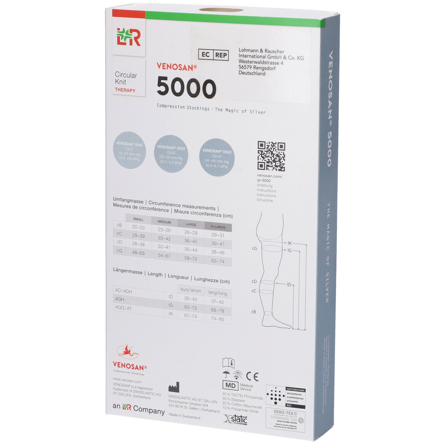Retro della confezione Venosan 5000. Informazioni su taglie, misure e produttore. Codice QR e loghi.