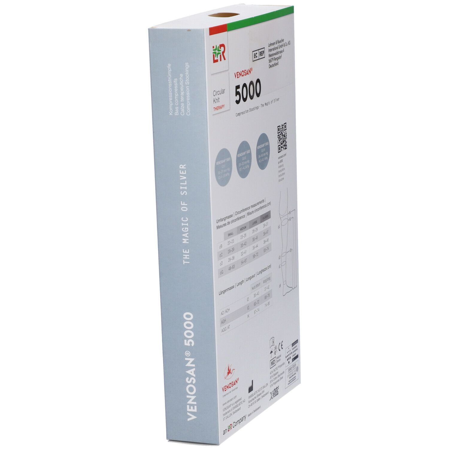 Confezione Venosan 5000, vista laterale. Informazioni su taglie, misure e produttore. Codice QR e loghi.