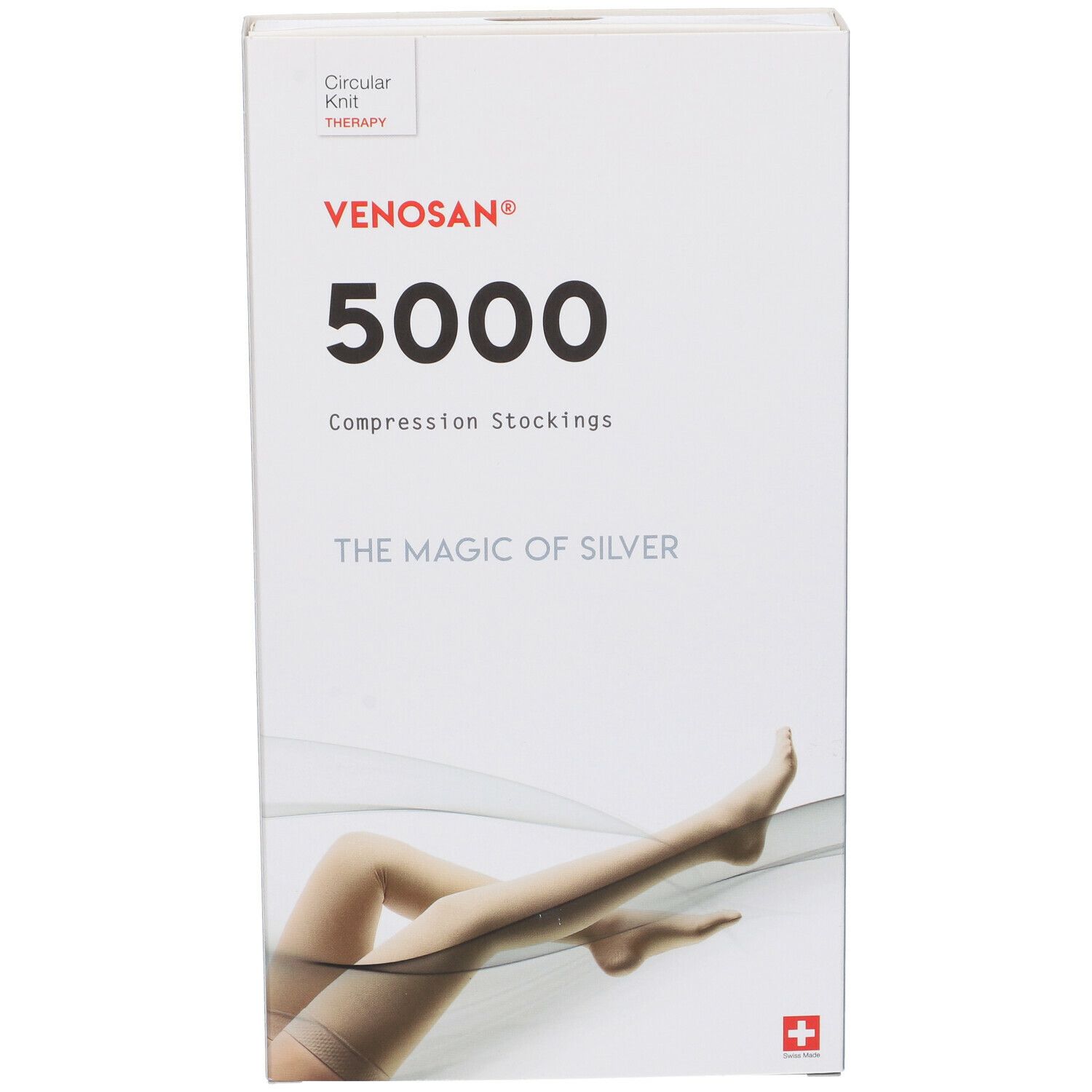 Confezione di calze a compressione Venosan 5000. Scritte: Venosan, 5000, Compression Stockings, The Magic of Silver. Immagine: gambe.