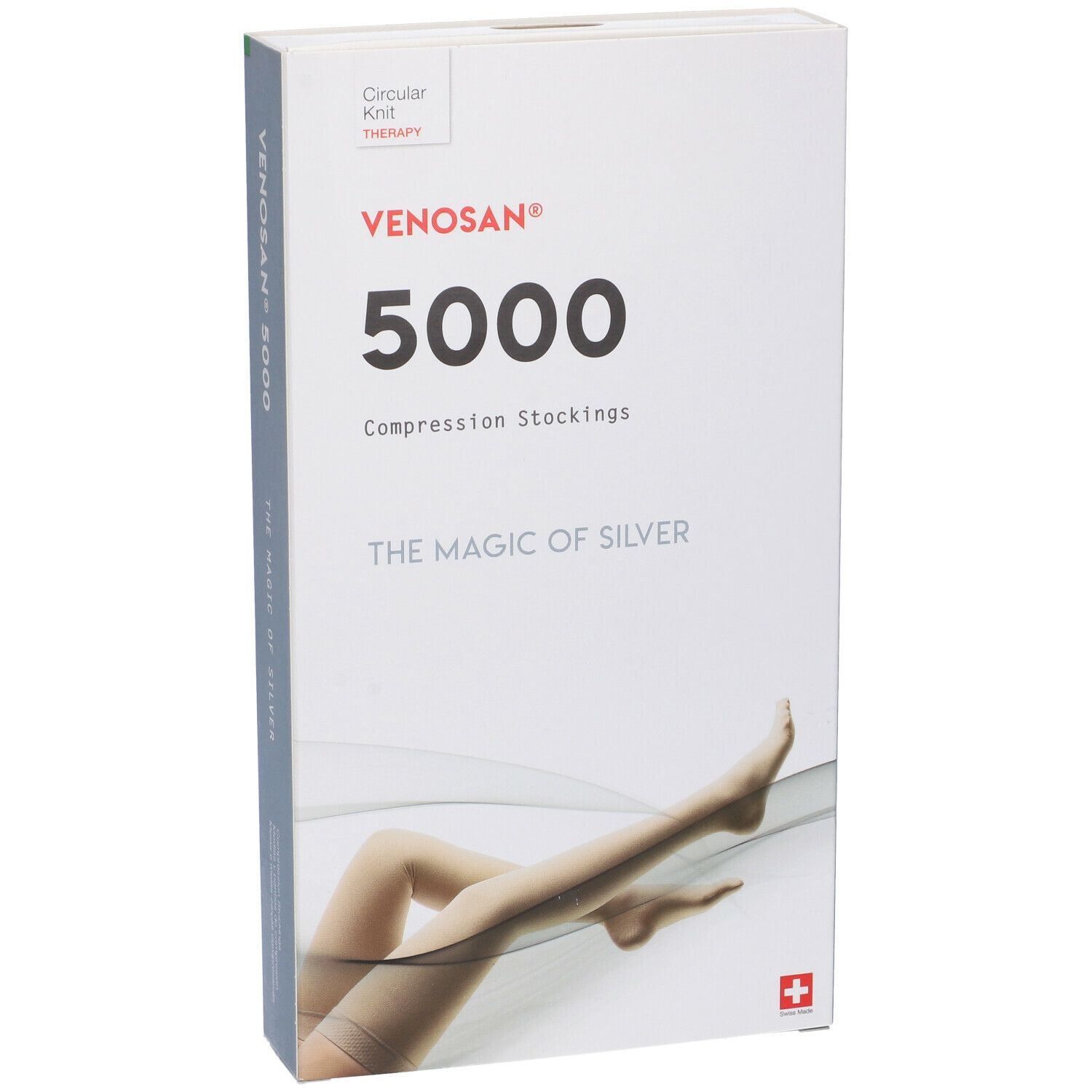 Confezione di calze a compressione Venosan 5000. Scritte: Venosan, 5000, Compression Stockings, The Magic of Silver. Vista laterale.