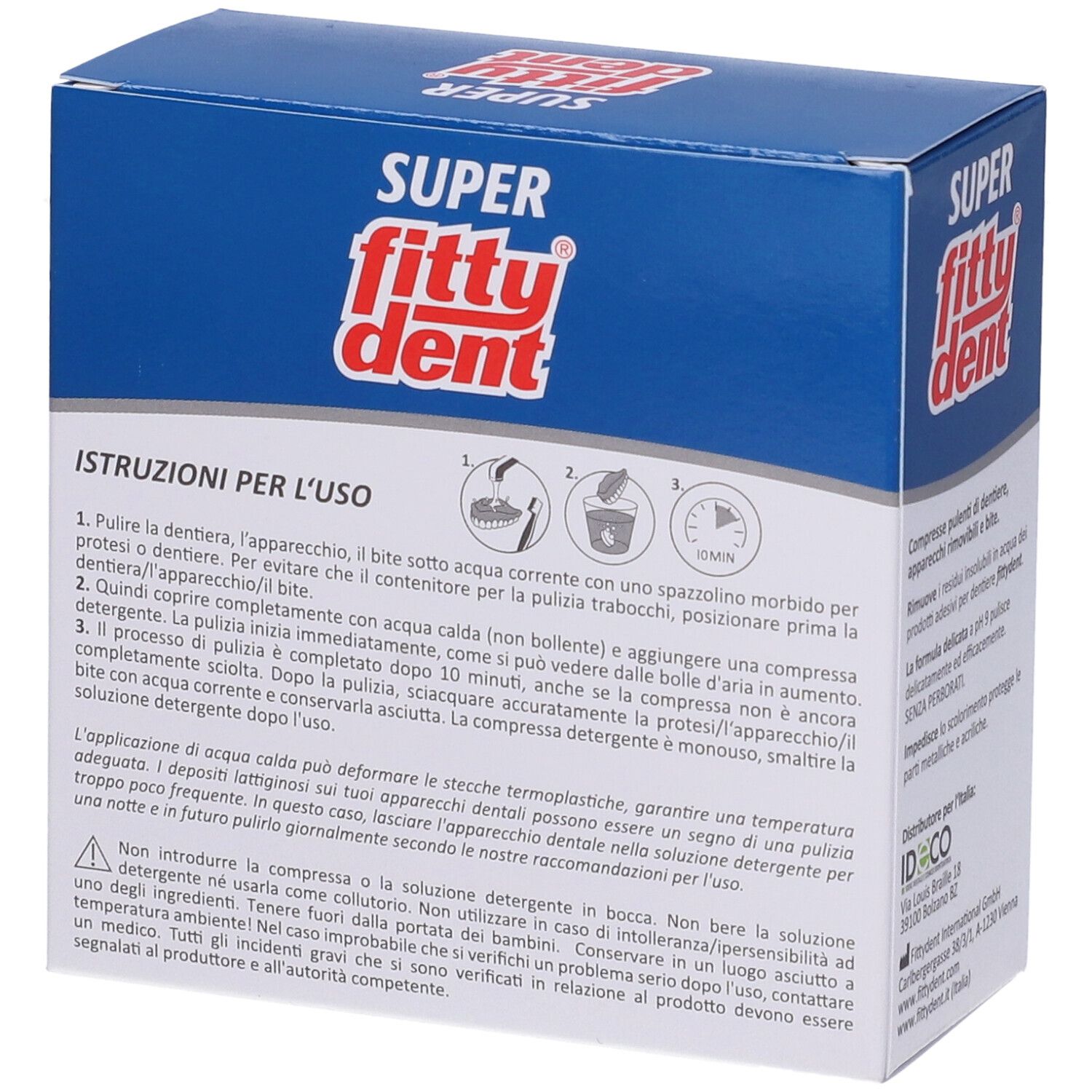 Rückseite der Schachtel mit "Super Fittydent"-Logo. Gebrauchsanweisung mit Piktogrammen. Text in italienischer Sprache.