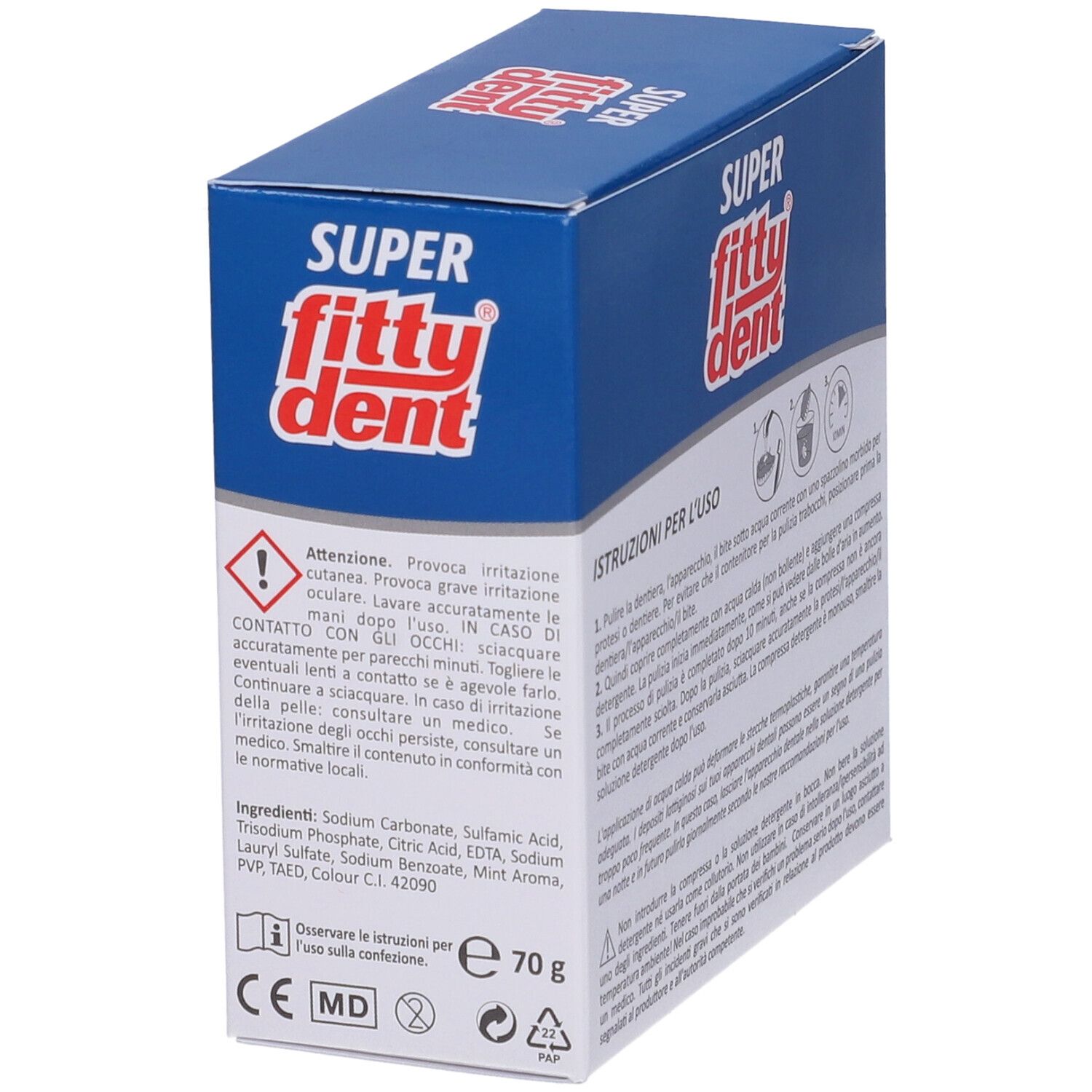 Schachtel mit "Super Fittydent"-Logo. Warnhinweise und Inhaltsstoffe. Text in italienischer Sprache. CE- und MD-Kennzeichnung.