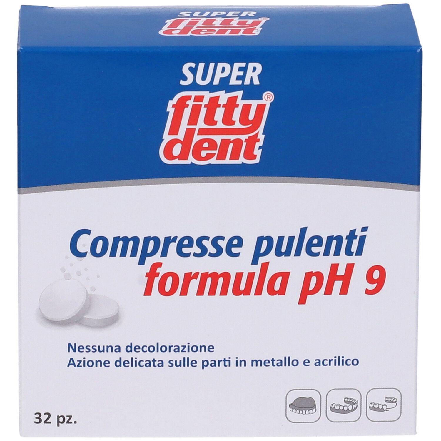 Blau-weiße Schachtel mit "Super Fittydent"-Logo. Text: "Compresse pulenti formula pH 9". Enthält 32 Tabletten. CE-Kennzeichnung.