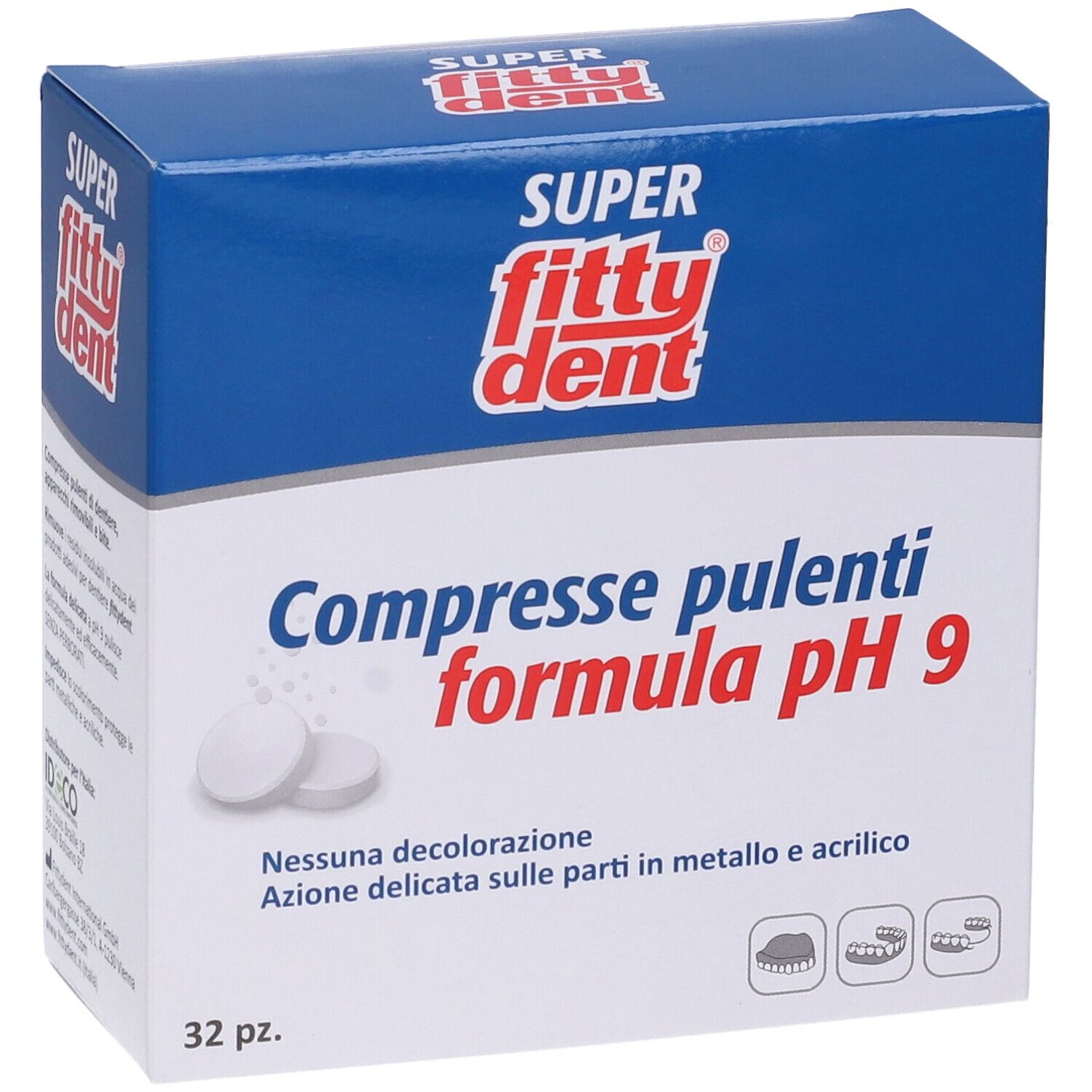 Blau-weiße Schachtel mit "Super Fittydent"-Logo. Text: "Compresse pulenti formula pH 9". Enthält 32 Tabletten. CE-Kennzeichnung.
