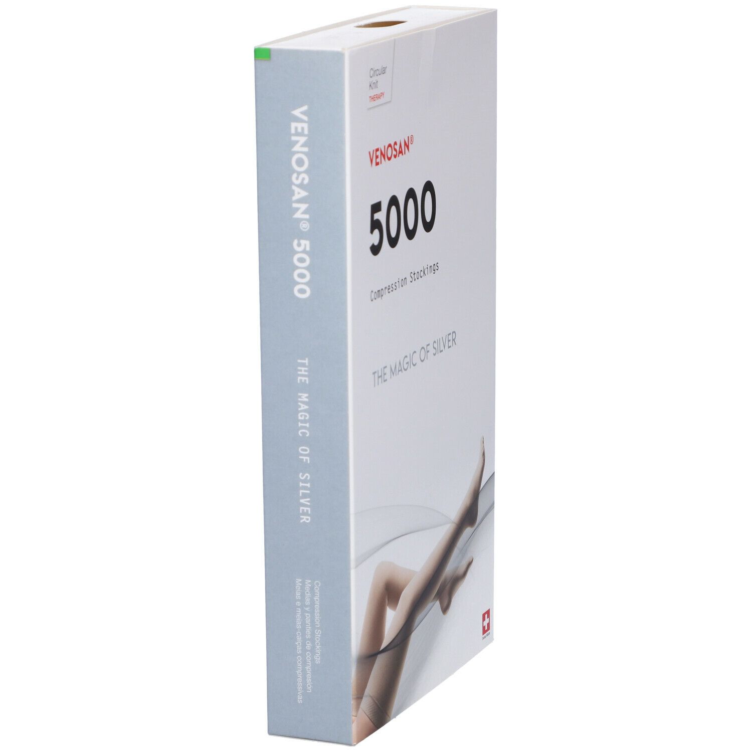 Venosan 5000 calze a compressione. Confezione. Immagine del prodotto: gamba con calza. Testo: The Magic of Silver.