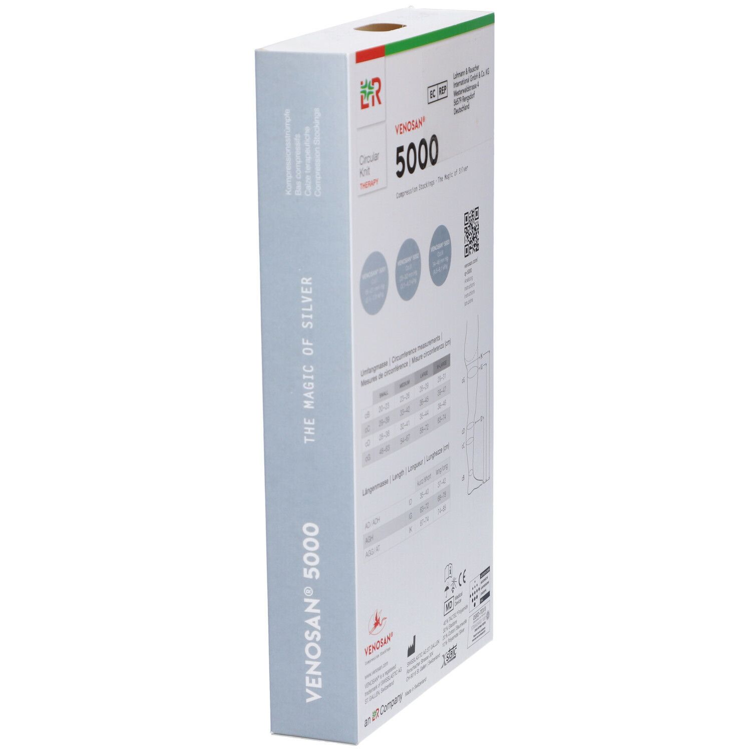 Venosan 5000 calze a compressione. Confezione. Retro con informazioni e tabella taglie. Marchio CE.