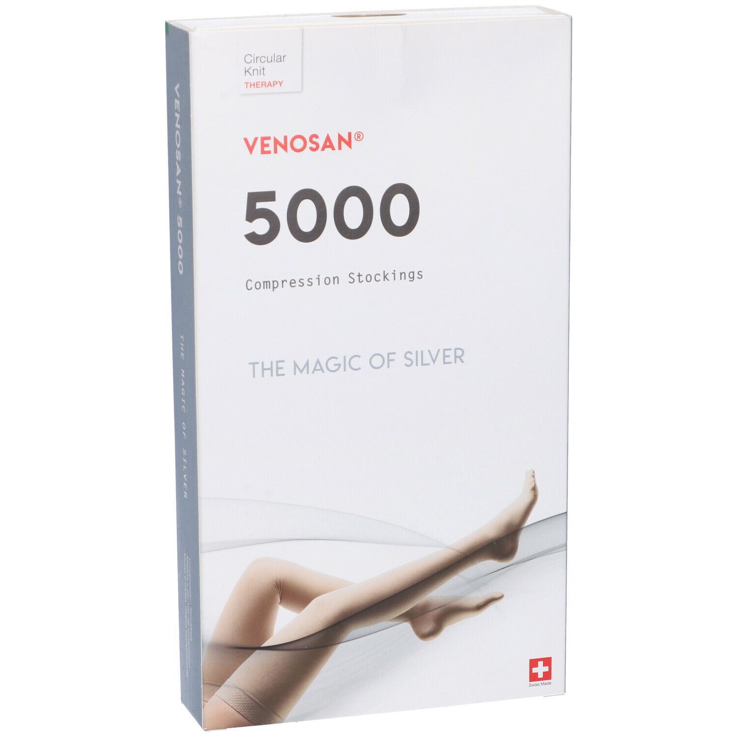 Venosan 5000 calze a compressione. Confezione. Immagine del prodotto: gamba con calza. Testo: The Magic of Silver.
