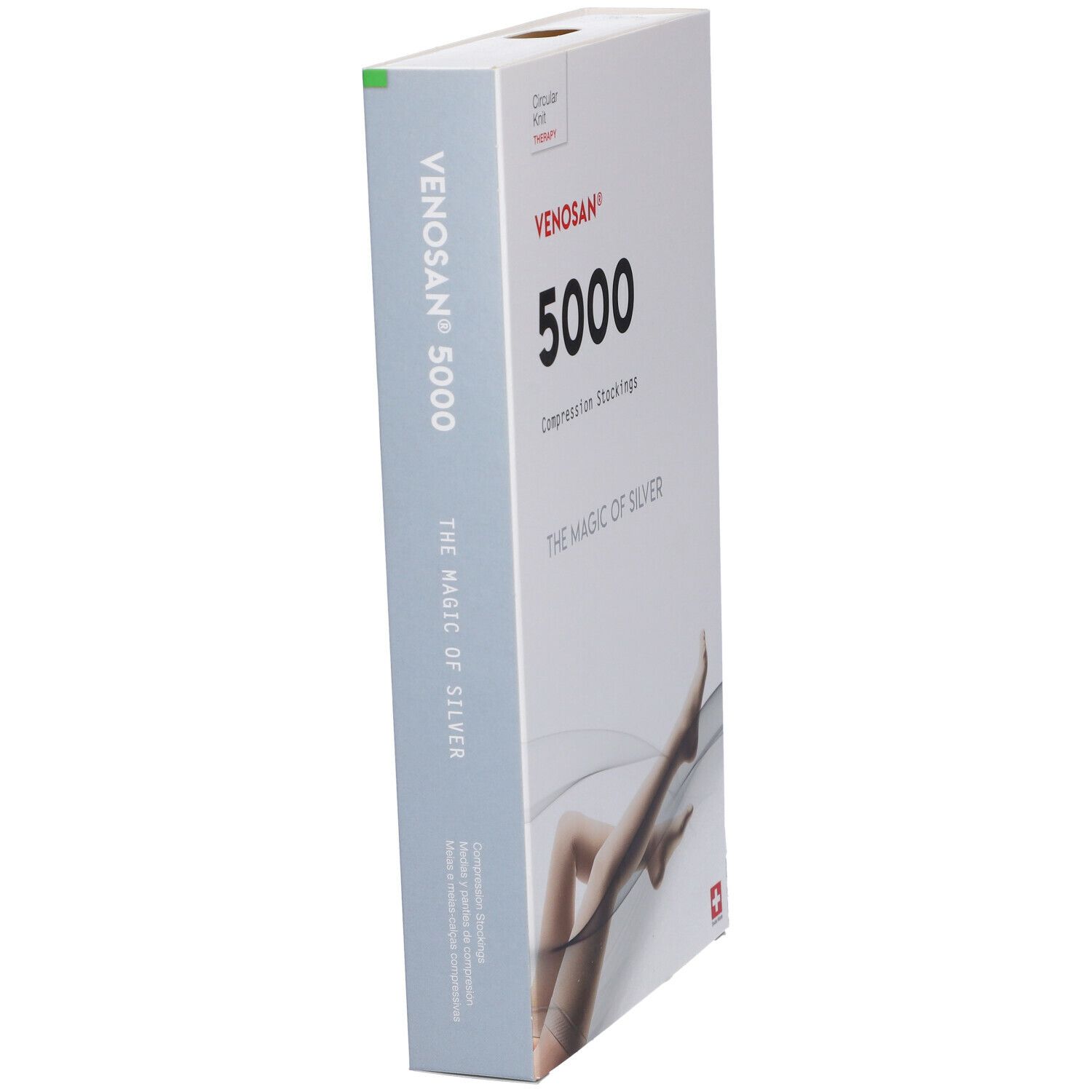 Confezione di calze a compressione Venosan 5000. Scritta: Venosan, 5000, Compression Stockings, The Magic of Silver. Croce svizzera. Vista laterale.