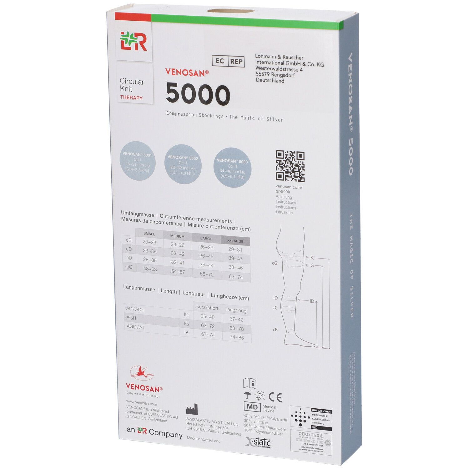 Retro della confezione di calze a compressione Venosan 5000. Scritta: Venosan, 5000, Compression Stockings. Tabelle delle misure. Codice QR.