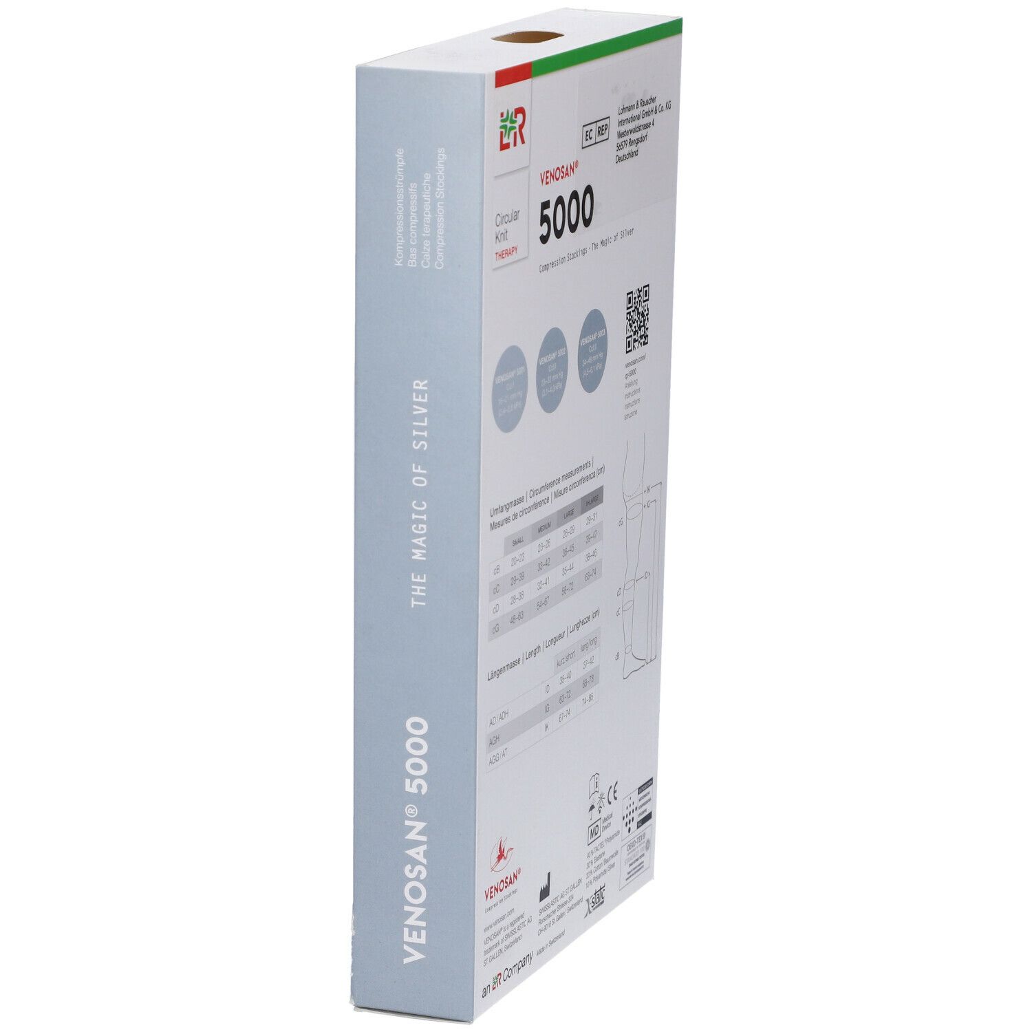 Confezione di calze a compressione Venosan 5000. Scritta: Venosan, 5000, Compression Stockings. Tabelle delle misure. Codice QR. Vista laterale.