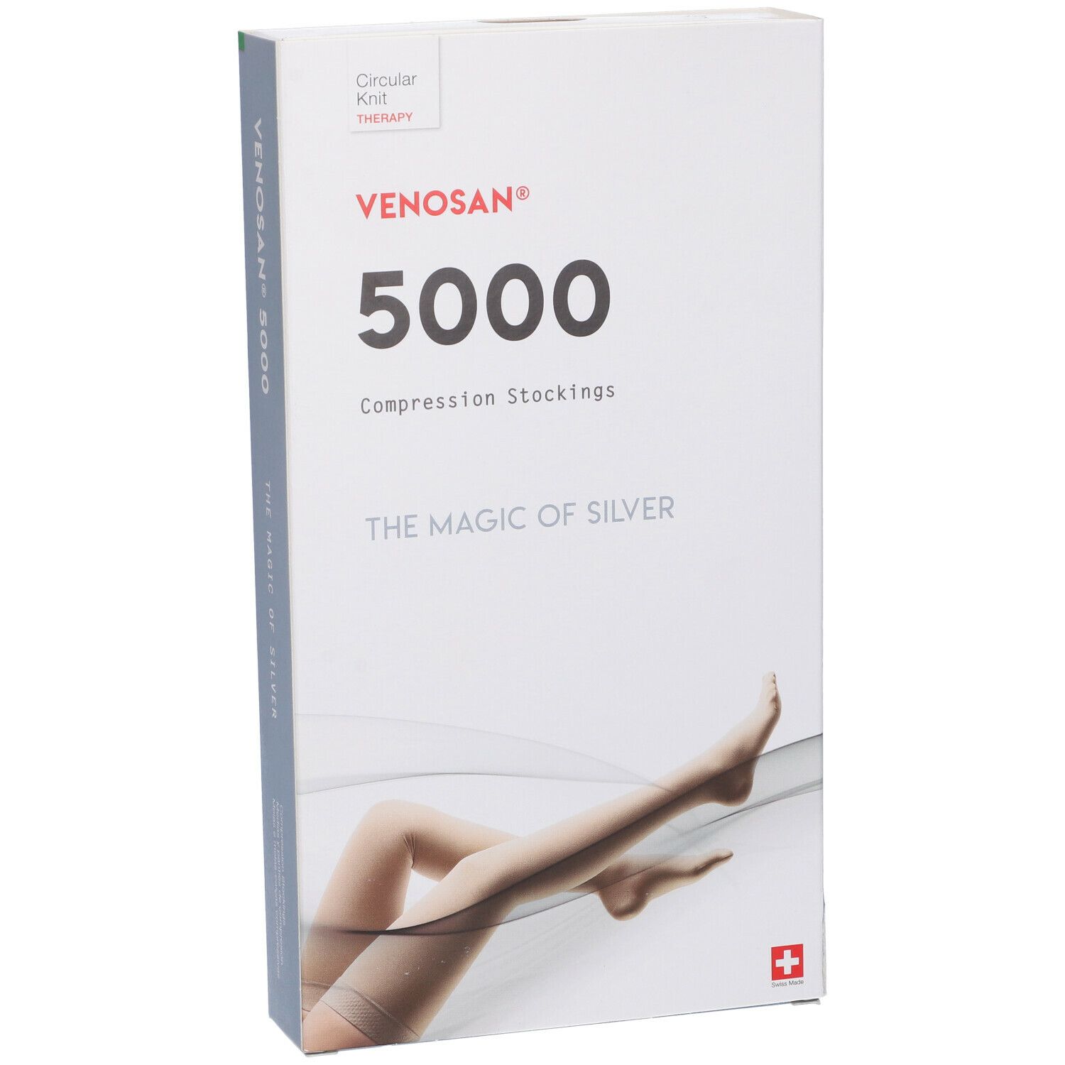 Confezione di calze a compressione Venosan 5000. Scritta: Venosan, 5000, Compression Stockings, The Magic of Silver. Croce svizzera. Vista prospettica.