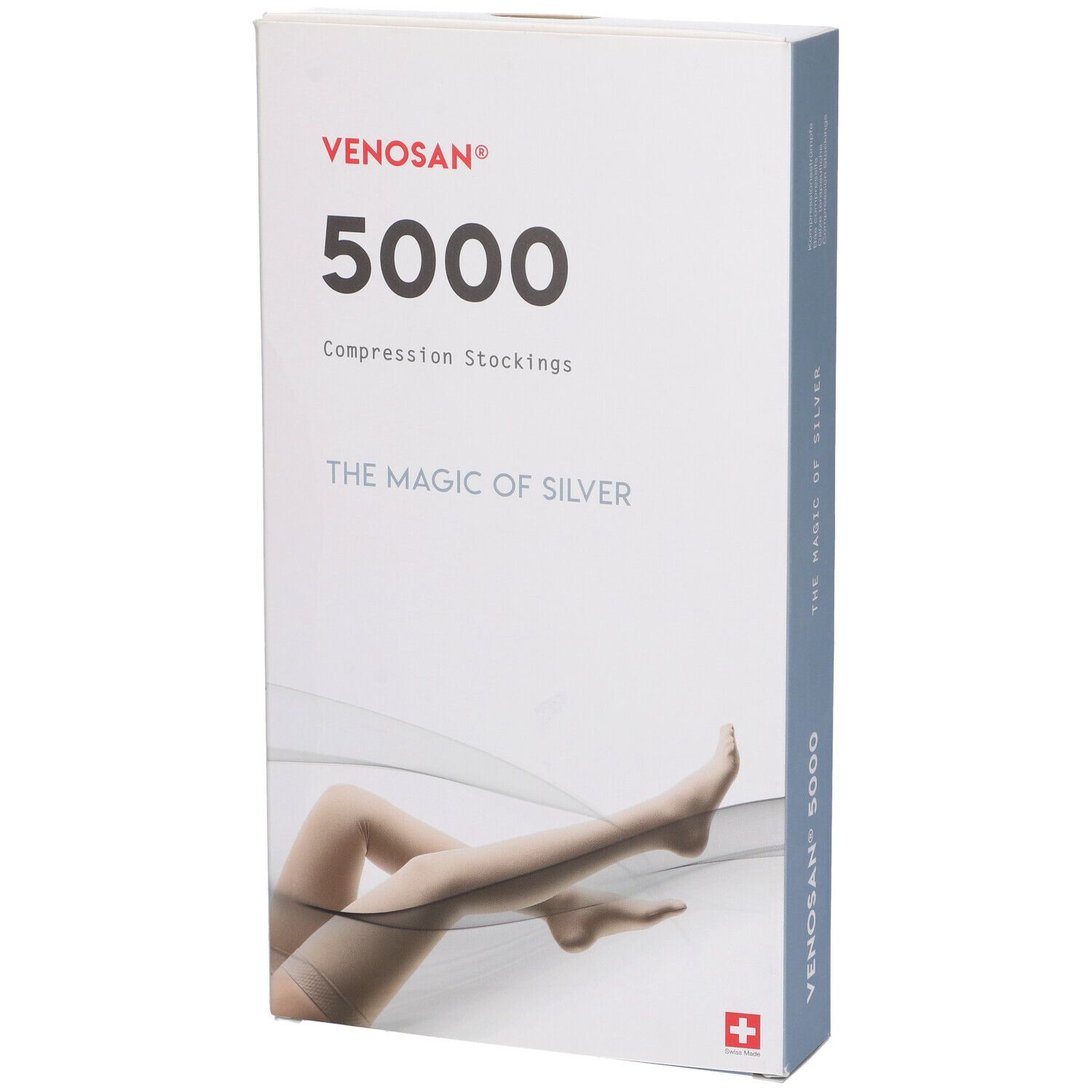 Confezione di calze a compressione Venosan 5000. Scritte: Venosan, 5000, The Magic of Silver. Immagine di gambe.