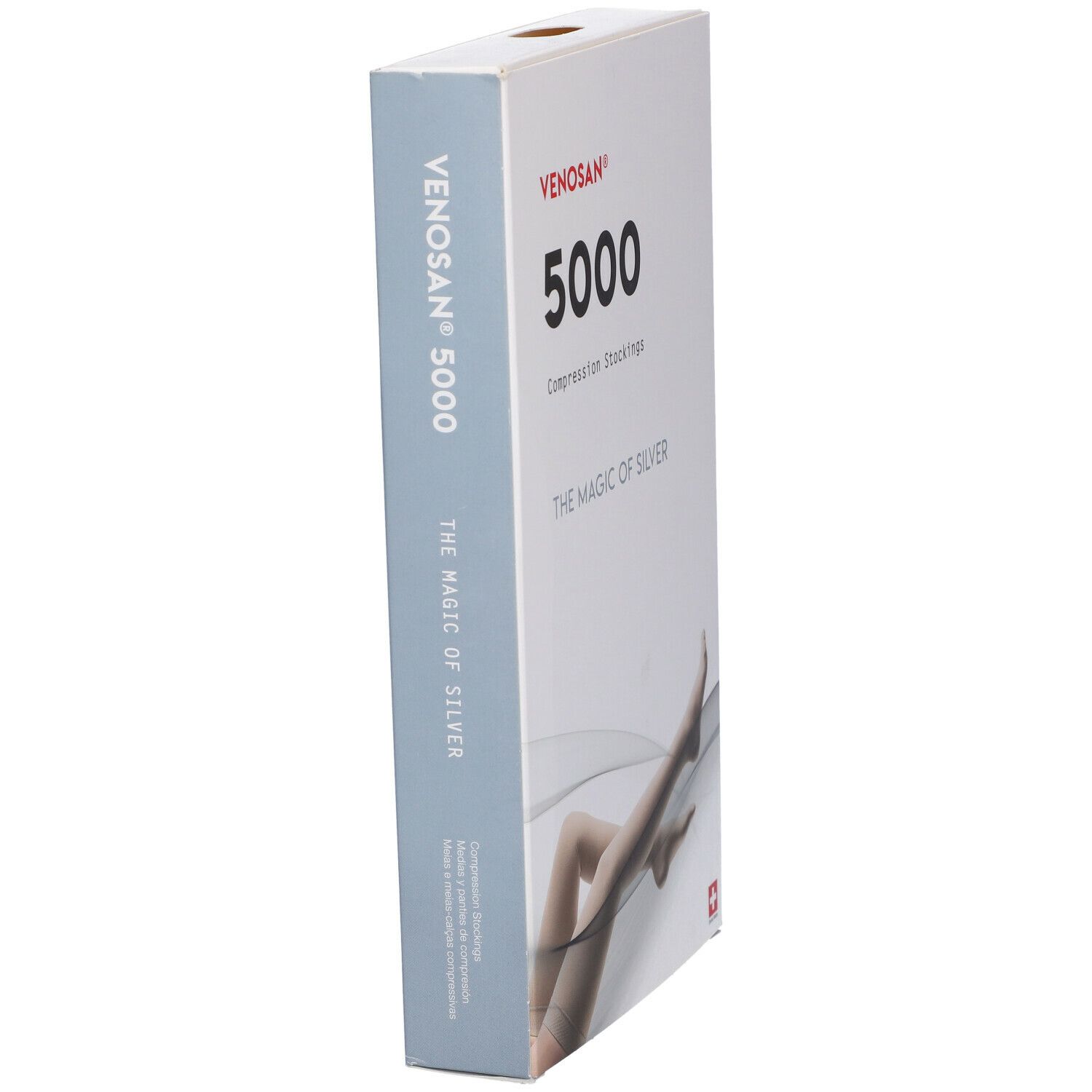 Confezione Venosan 5000. Scritte: Venosan 5000, The Magic of Silver. Vista laterale della confezione.