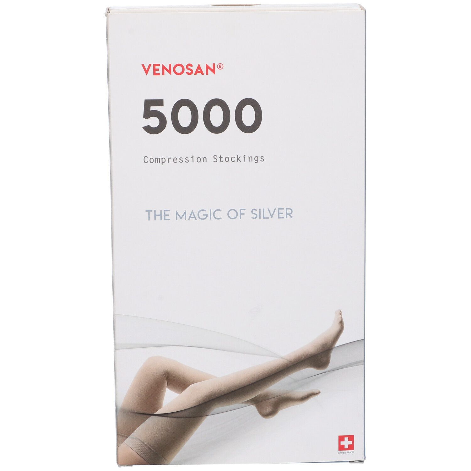 Confezione di calze a compressione Venosan 5000. Scritte: Venosan, 5000, The Magic of Silver. Immagine di gambe.