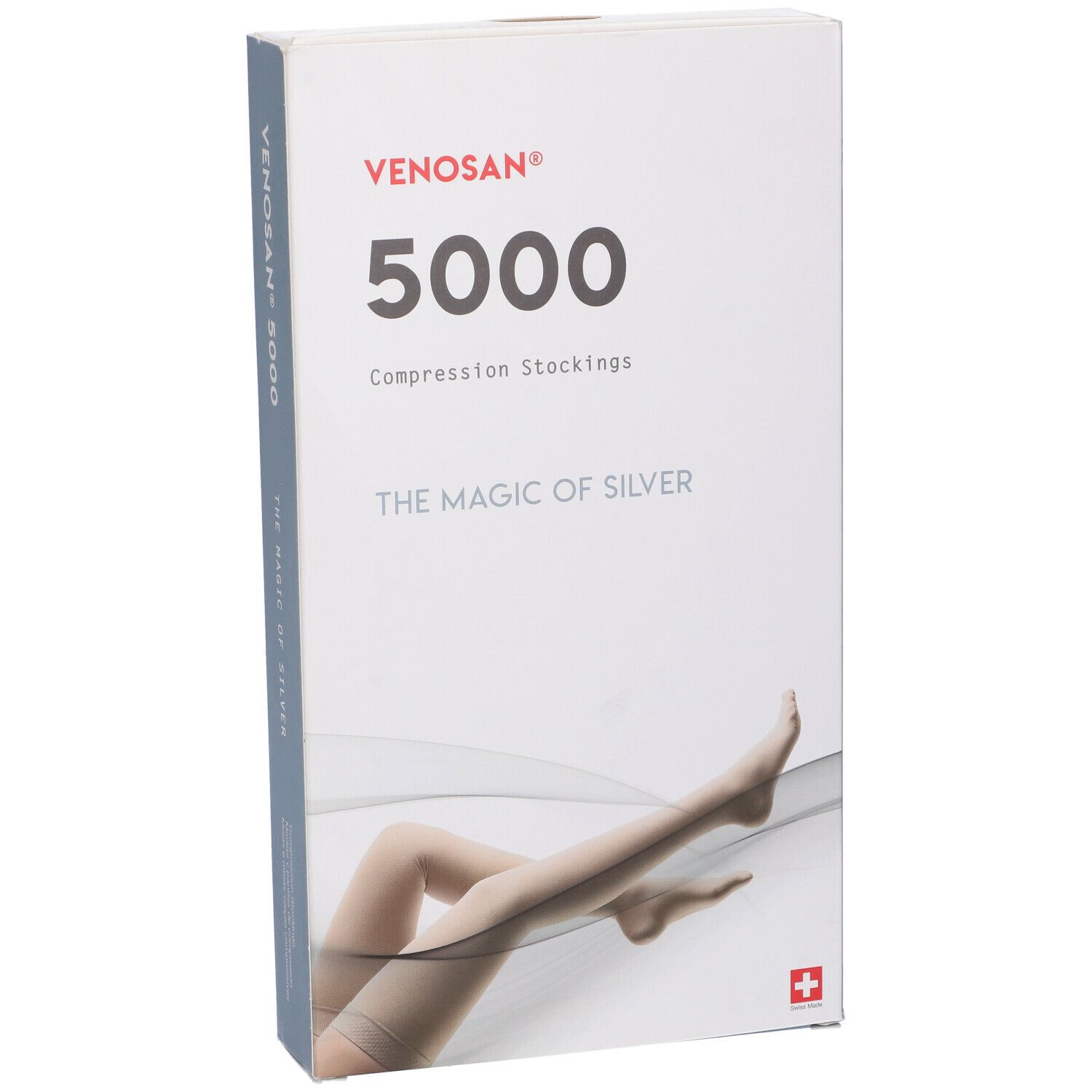 Confezione di calze a compressione Venosan 5000. Scritte: Venosan, 5000, The Magic of Silver. Immagine di gambe.