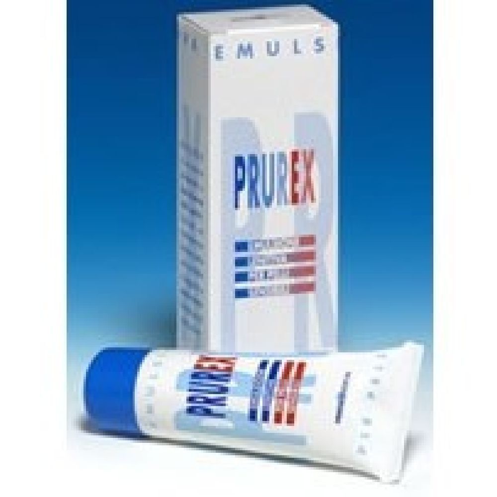 Tubo e confezione PRUREX. Tappo blu, tubo bianco. Confezione bianca con testo blu e rosso.