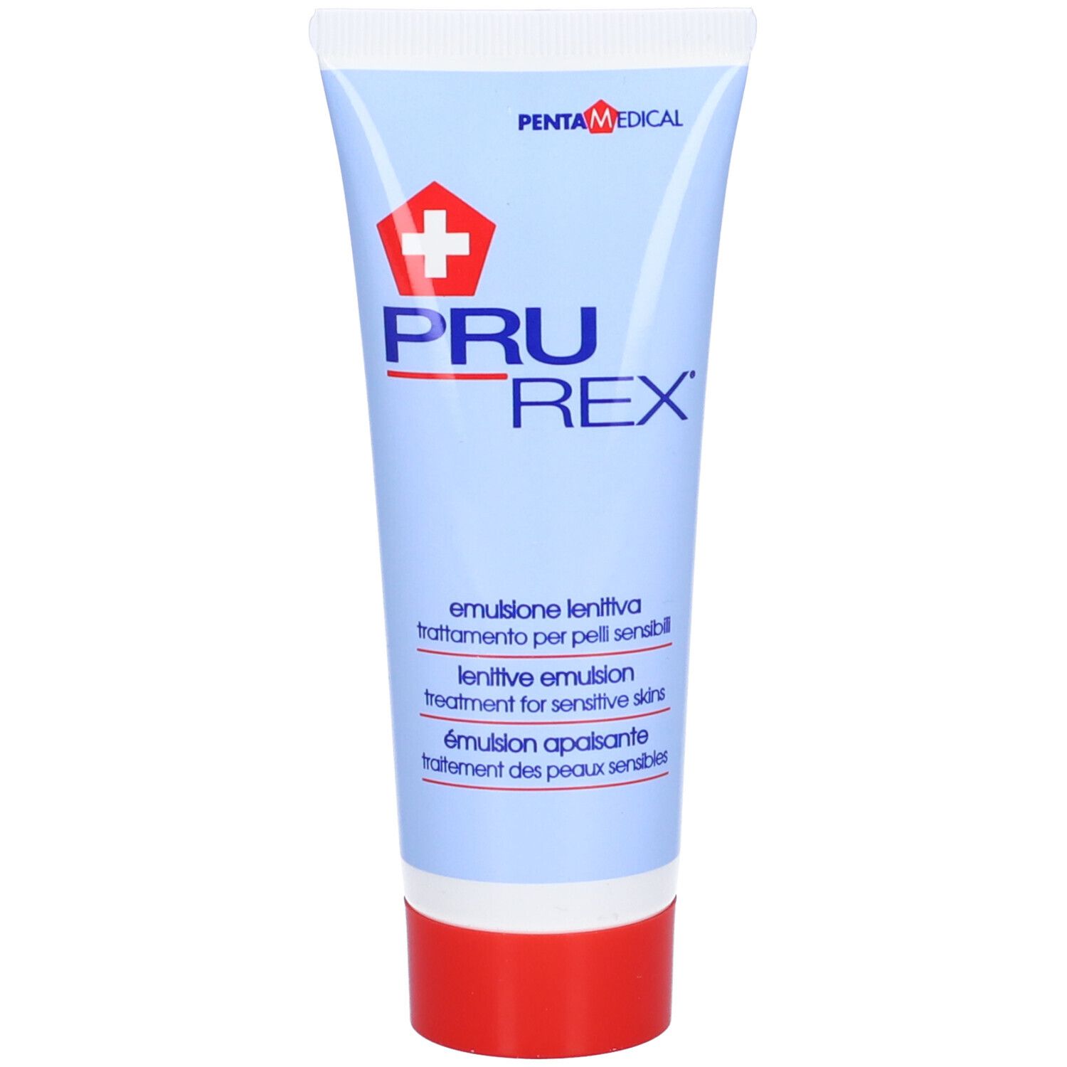 Tubo PRUREX. Tubo bianco, tappo rosso. Testo: emulsion lenitiva, trattamento per pelli sensibili.