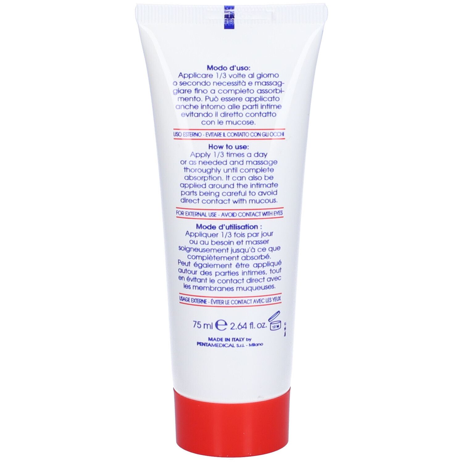 Retro del tubo. Testo: Modo d'uso, How to use, Mode d'utilisation. 75 ml. Prodotto in Italia.