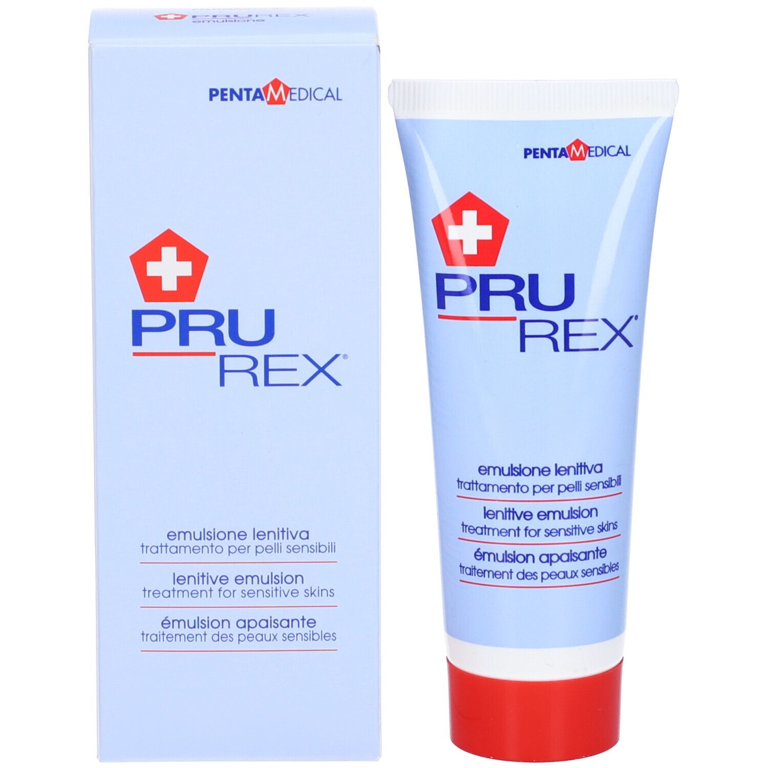 Tubo e confezione PRUREX. Confezione e tubo con testo: emulsion lenitiva, trattamento per pelli sensibili.