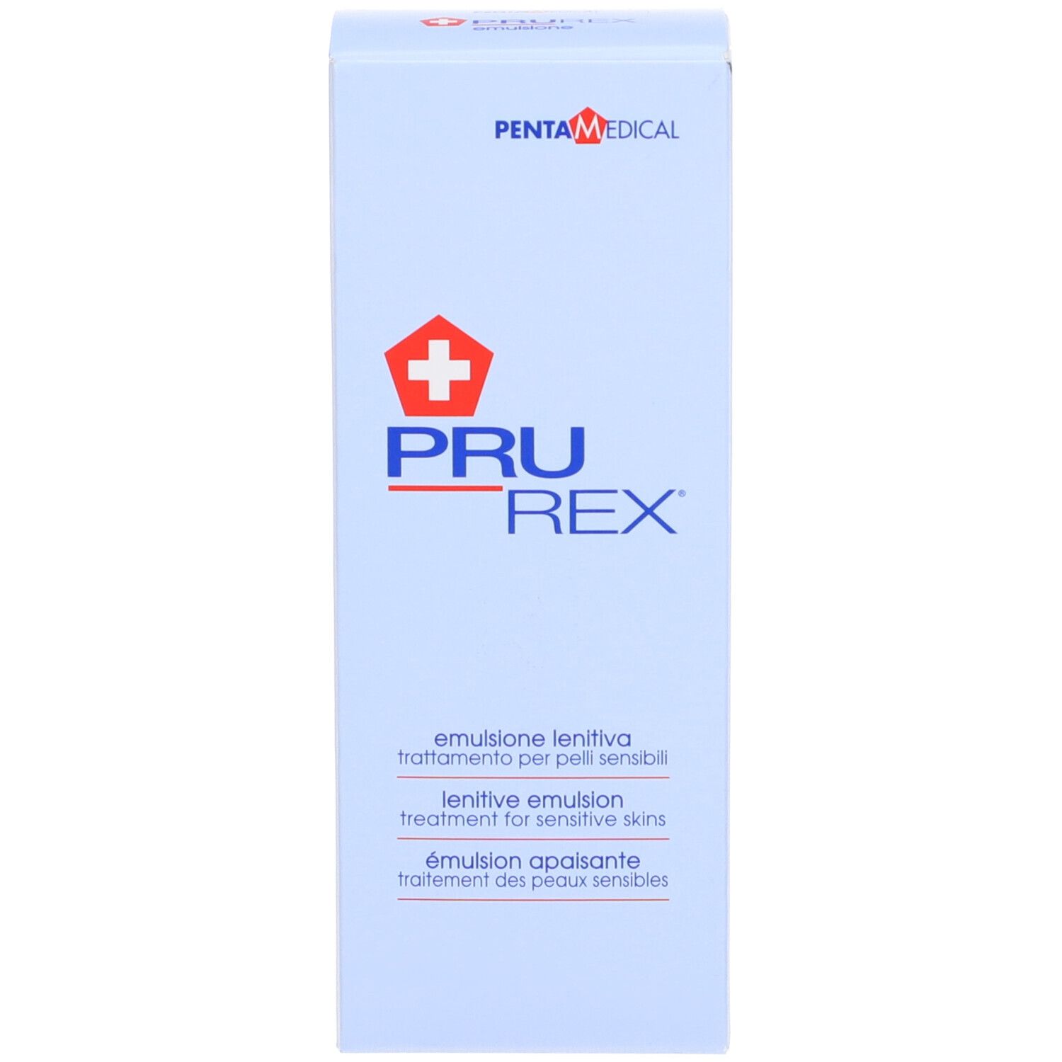 Confezione PRUREX. Testo: emulsion lenitiva, trattamento per pelli sensibili. Logo PENTAMEDICAL.