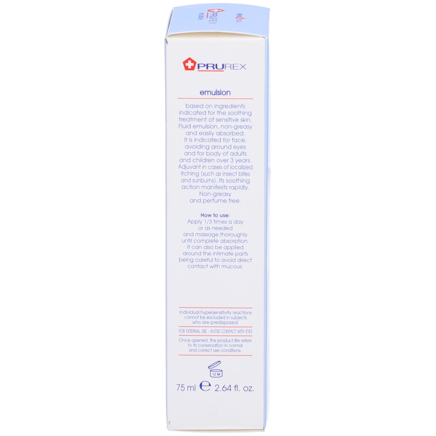 Retro della confezione. Testo: emulsion. Descrizione del prodotto. How to use. 75 ml.