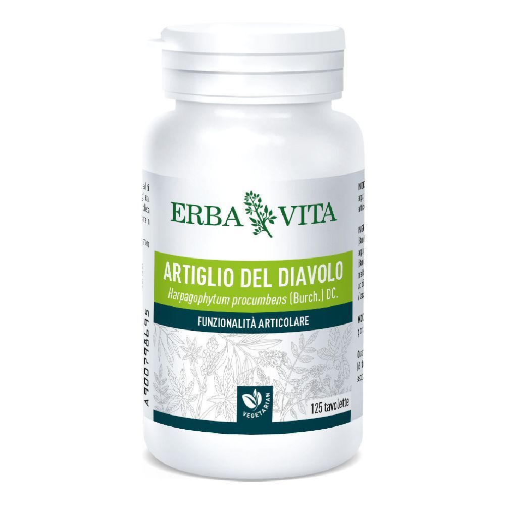 Flacone bianco con logo ERBA VITA e scritta Artiglio del Diavolo. Contiene 125 compresse. Sigillo vegetariano.