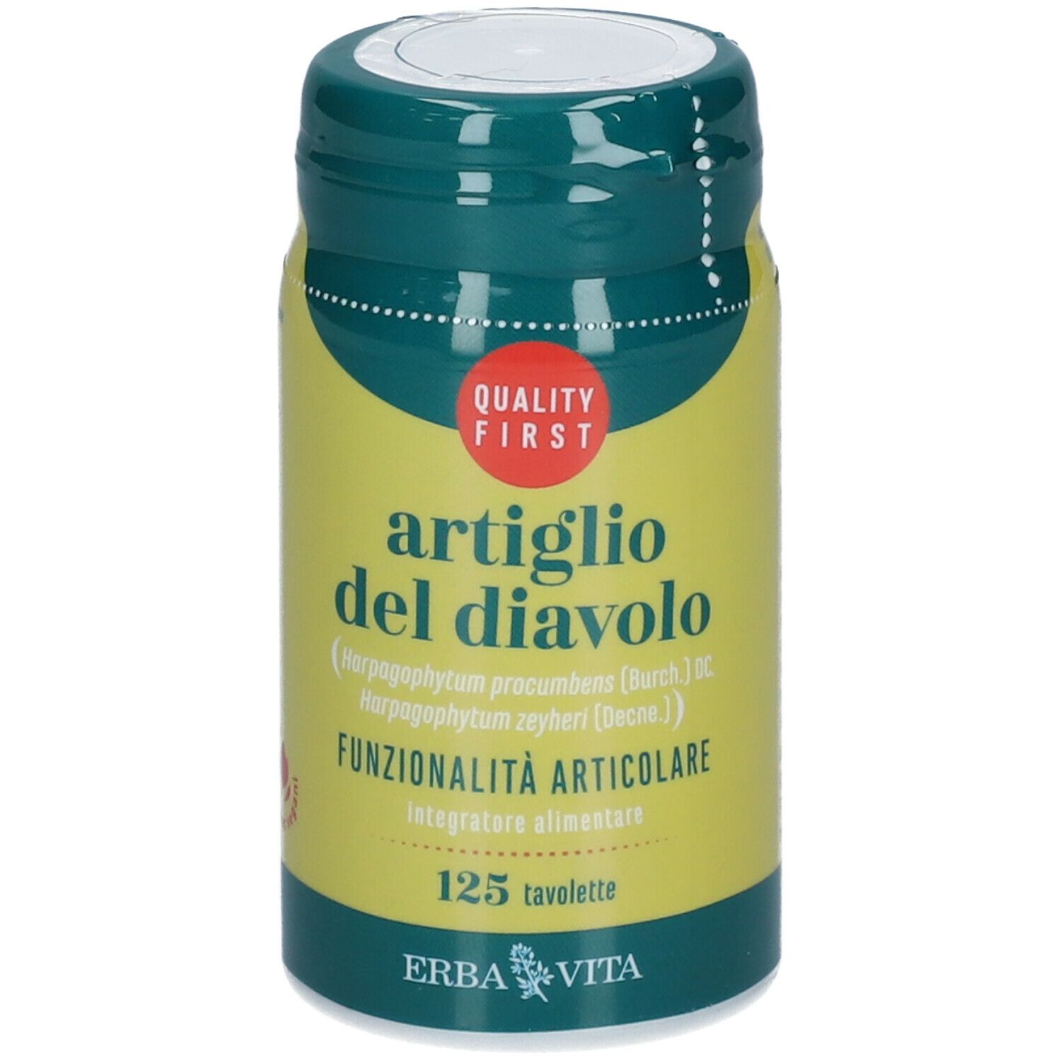 Barattolo verde con scritta Artiglio del Diavolo e marchio di qualità. Contiene 125 compresse. Marchio ERBA VITA.