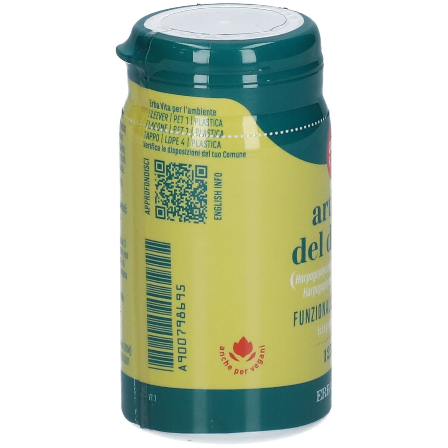 Barattolo verde con scritta Artiglio del Diavolo. Codice QR e informazioni ambientali. Marchio ERBA VITA.