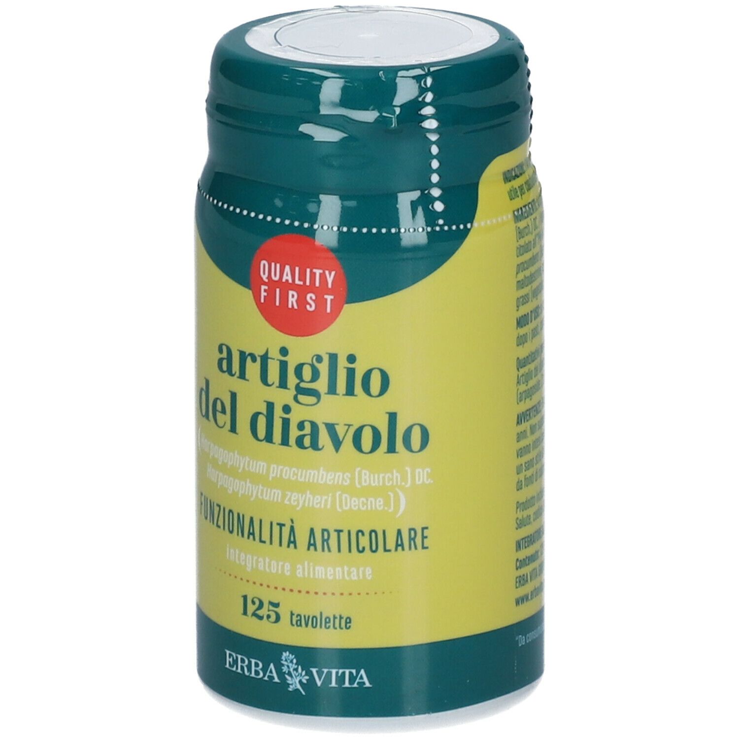 Barattolo verde con scritta Artiglio del Diavolo e marchio di qualità. Contiene 125 compresse. Marchio ERBA VITA.