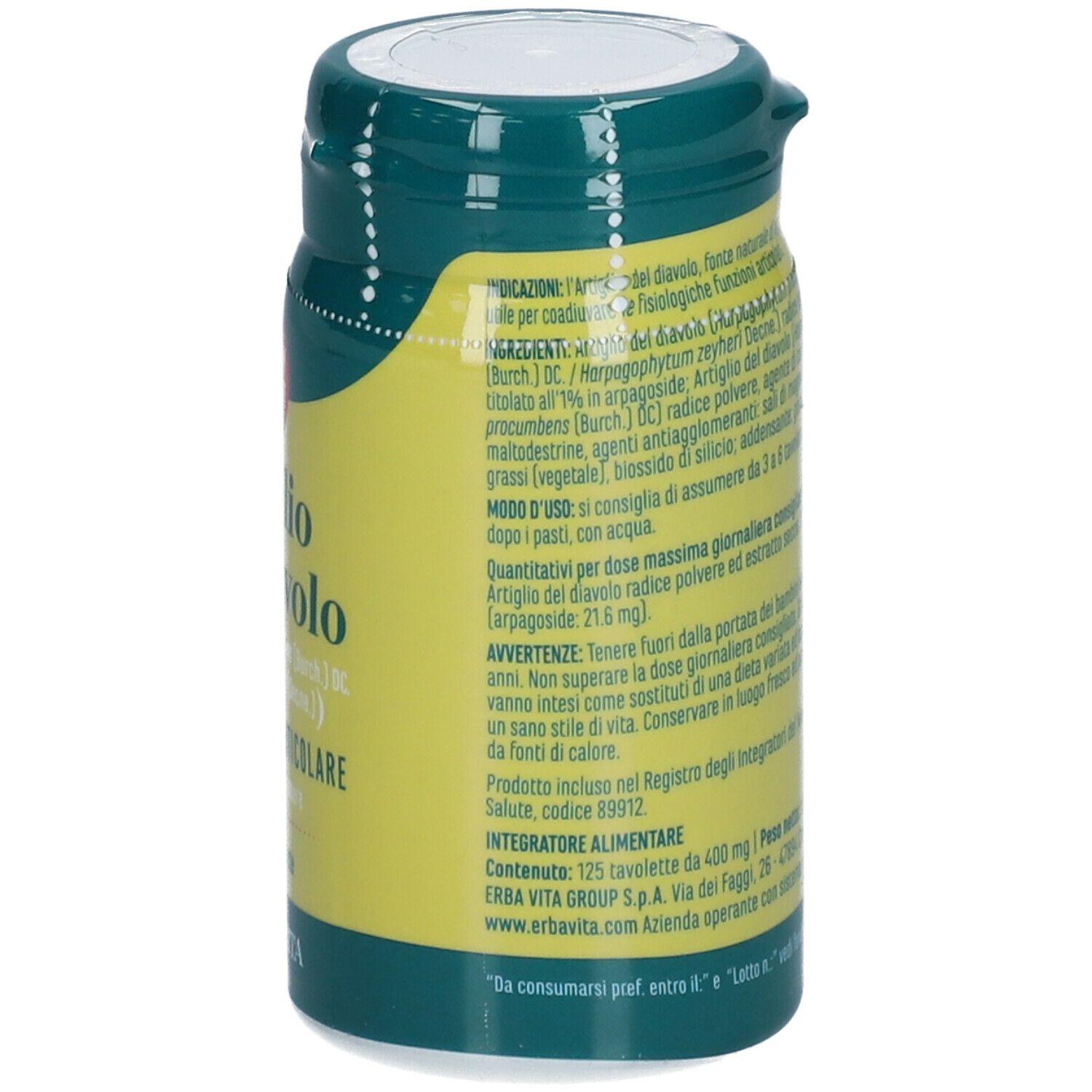 Barattolo verde con scritta Artiglio del Diavolo. Contiene 125 compresse. Informazioni sul prodotto e ingredienti.
