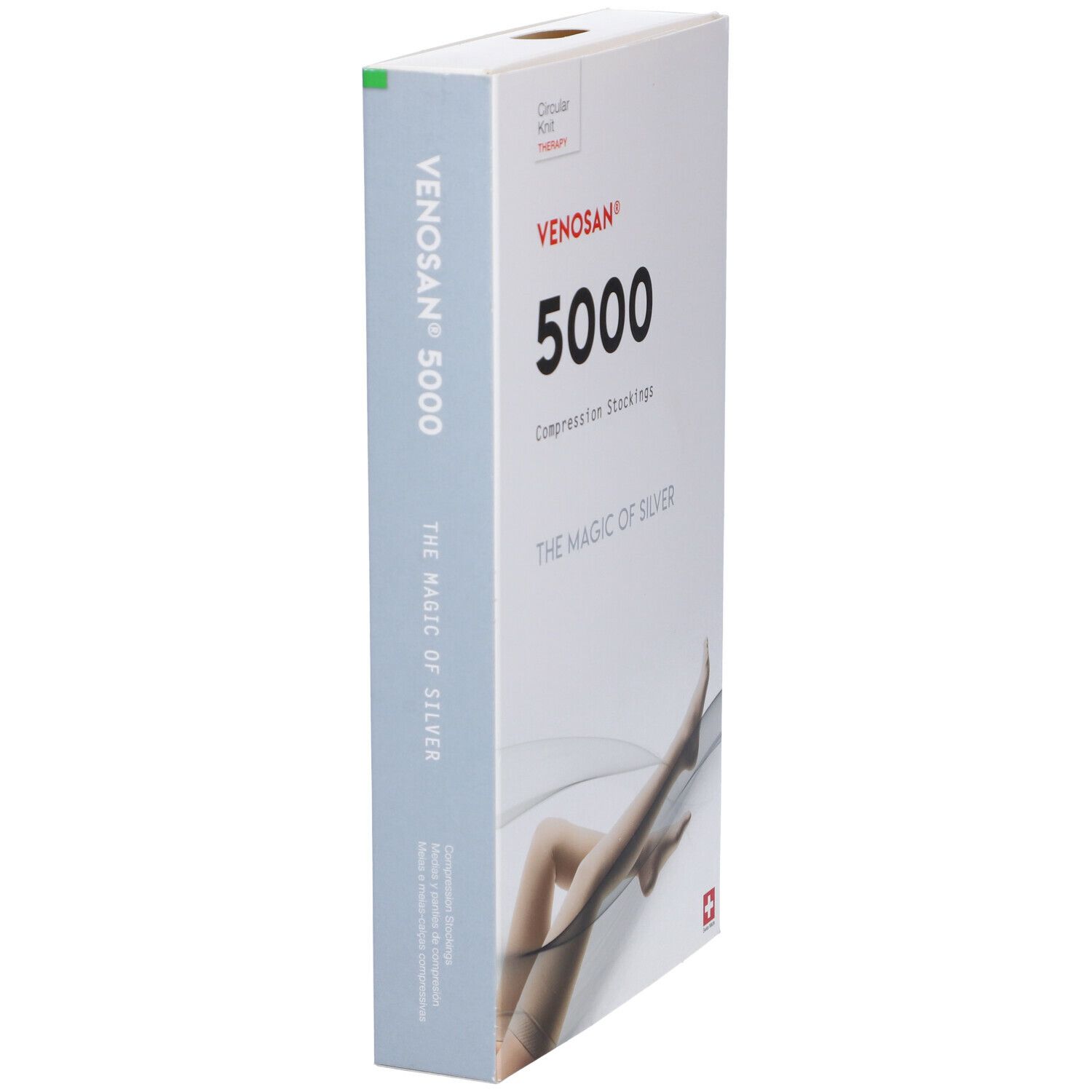 Confezione di calze a compressione Venosan 5000. Scritta: Calze a compressione. Immagine: gambe con calze. Logo e croce svizzera.