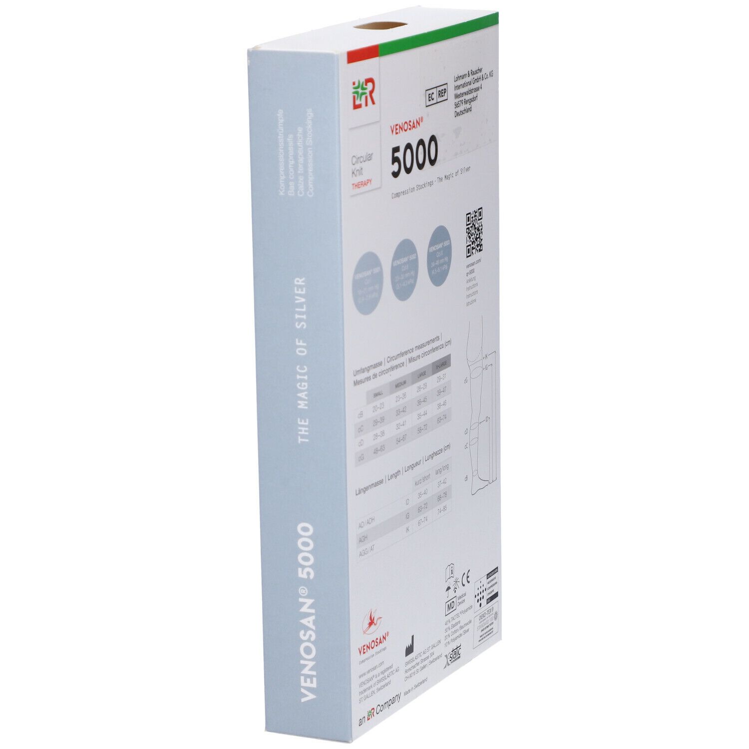 Confezione di calze a compressione Venosan 5000. Scritte: misure. Tabelle taglie. Codice QR. Marchio CE.