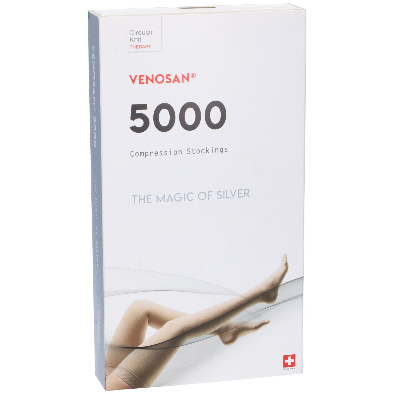 Confezione di calze a compressione Venosan 5000. Scritta: Calze a compressione. Immagine: gambe con calze. Logo e croce svizzera.