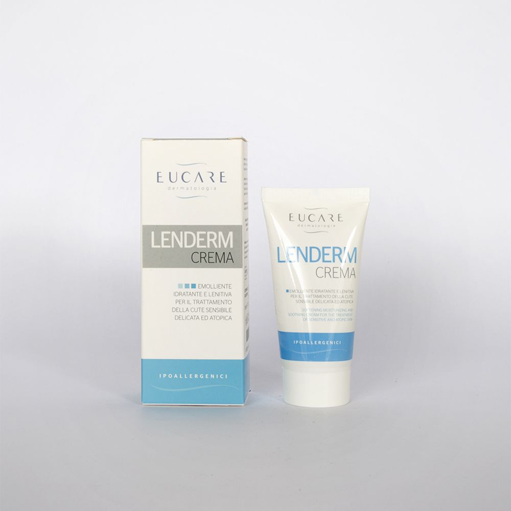 Tubo e scatola di crema. Scritta: EUCARE Lenderm Crema. Testo in italiano. Ipoallergenico.