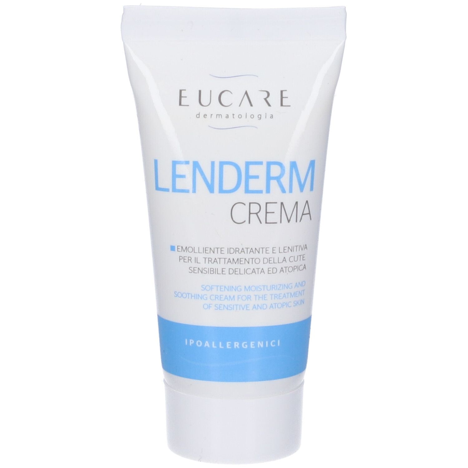 Tubo bianco con scritta blu. Scritta: EUCARE Lenderm Crema. Testo in italiano e inglese. Ipoallergenico.