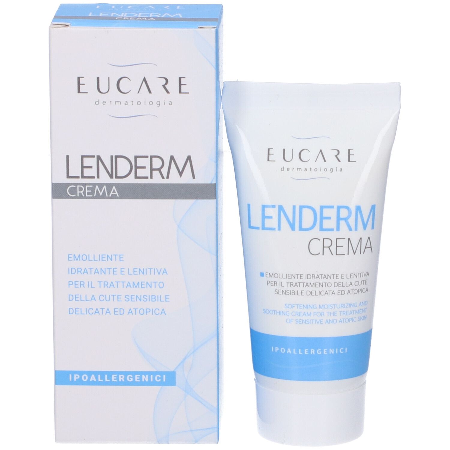 Tubo e scatola di crema. Scritta: EUCARE Lenderm Crema. Testo in italiano. Ipoallergenico.