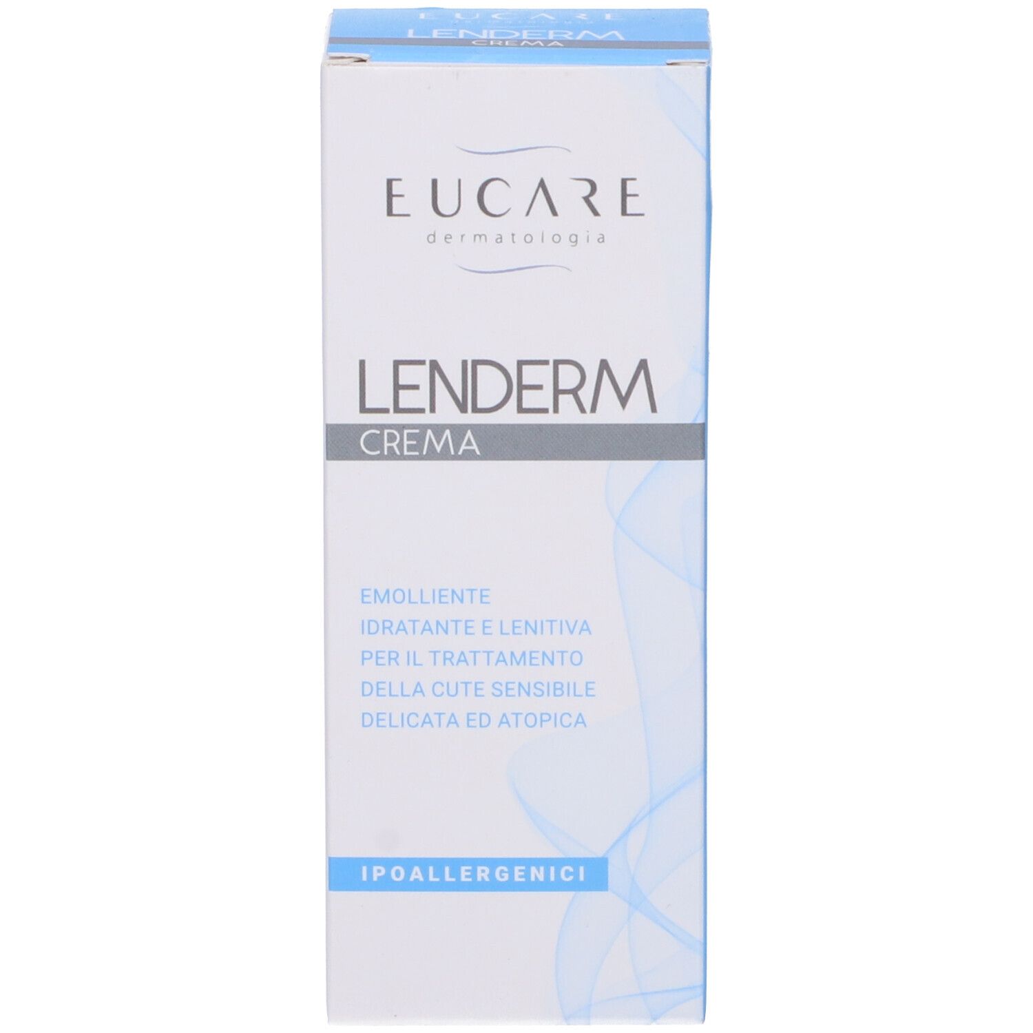 Scatola con scritta: EUCARE Lenderm Crema. Testo in italiano. Ipoallergenico.