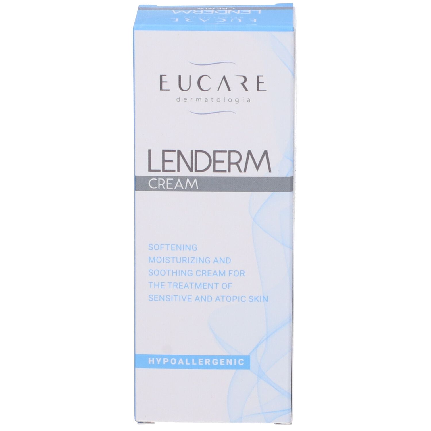 Fronte della scatola. Scritta: EUCARE Lenderm Crema. Testo in italiano e inglese. Ipoallergenico.