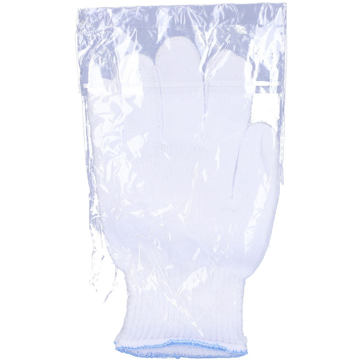 Weiße Baumwollhandschuhe in transparenter Verpackung. Blauer Saum am Handgelenk.
