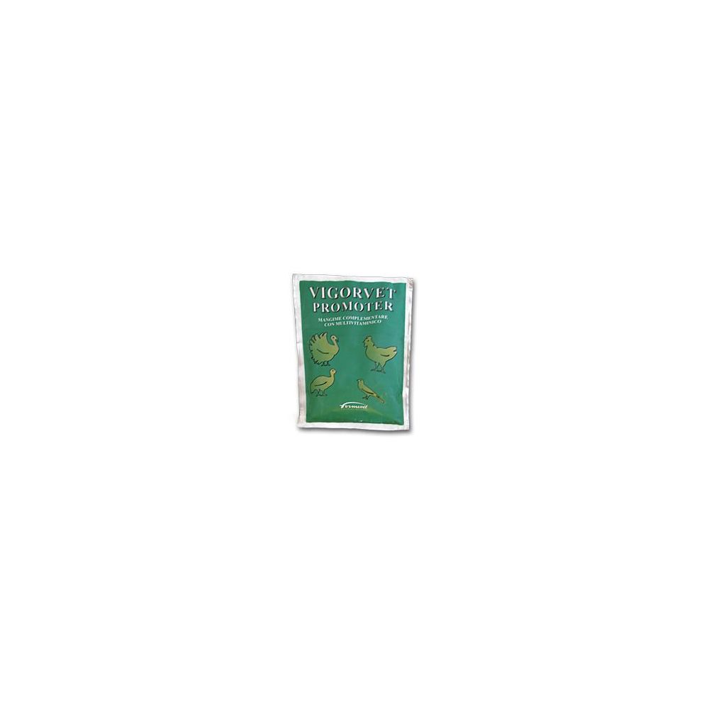 Confezione verde con nome del prodotto e illustrazioni di pollame. Testo: Vigorvet Promoter.