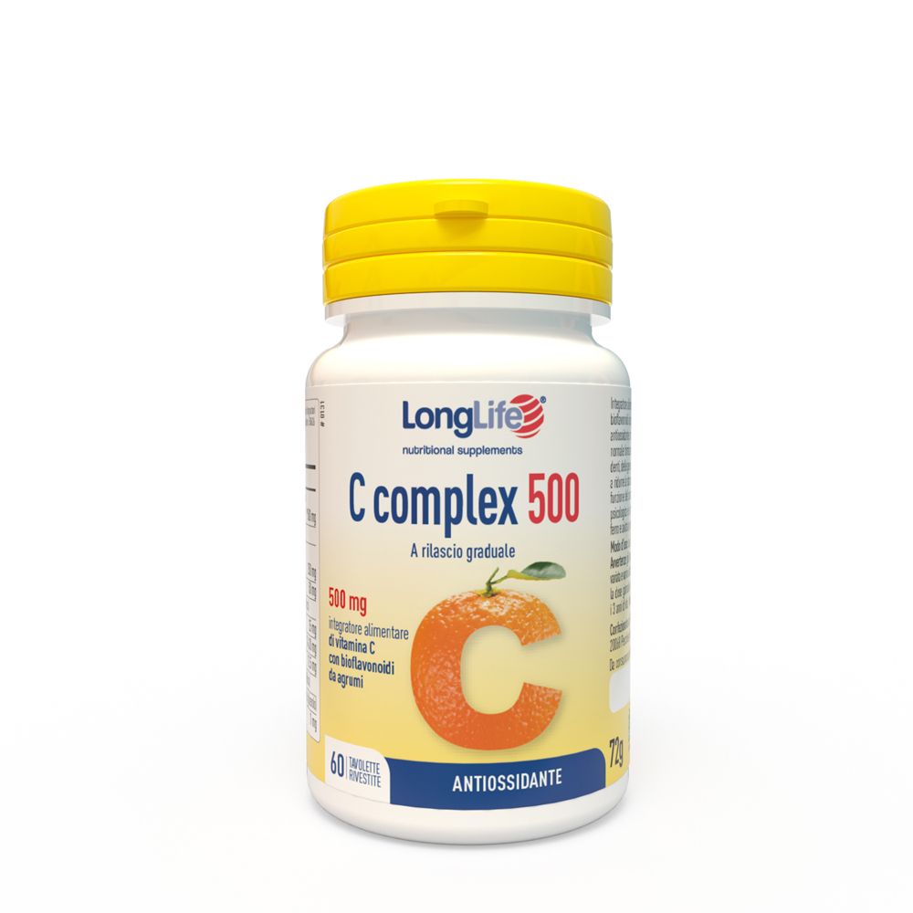 Flacone bianco con tappo giallo. Scritta: LongLife C complex 500. Illustrazione di un'arancia.