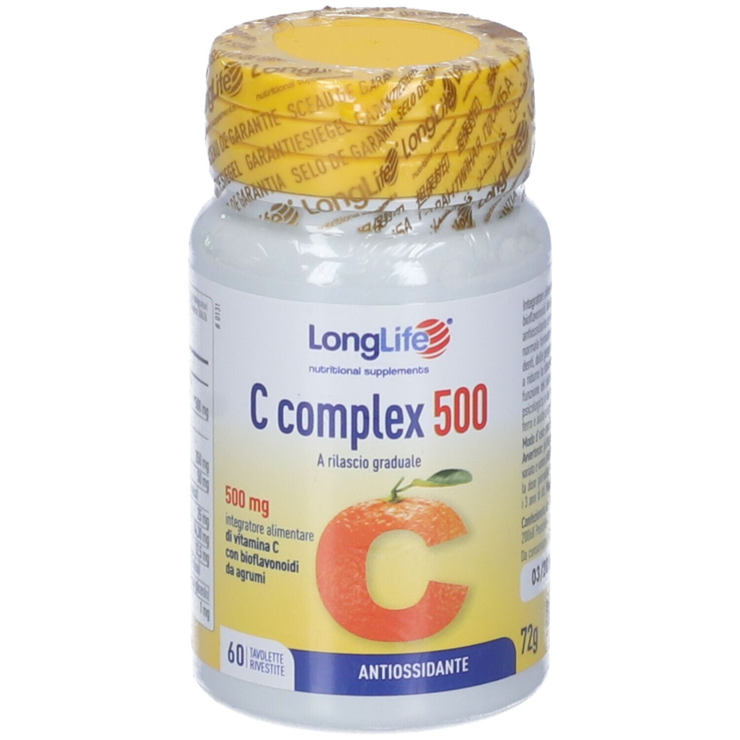 Flacone bianco con tappo e sigillo gialli. Scritta: LongLife C complex 500. Illustrazione arancia.